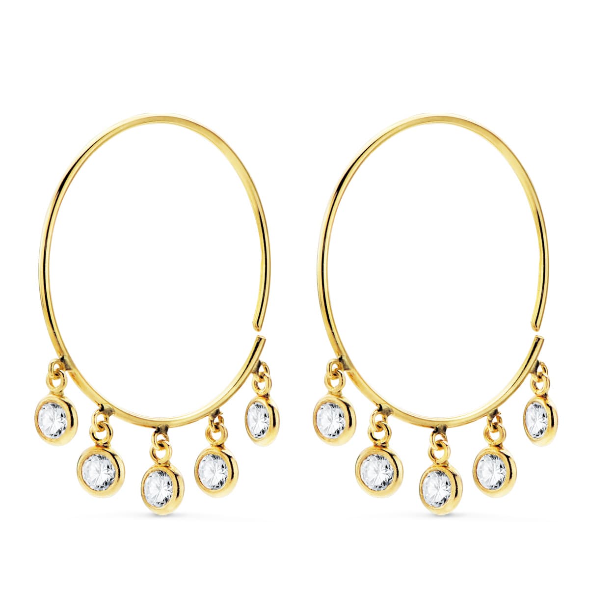 18K Créoles en Or Jaune Fil de 20 mm 5 Pendentifs avec Blanc Zircon