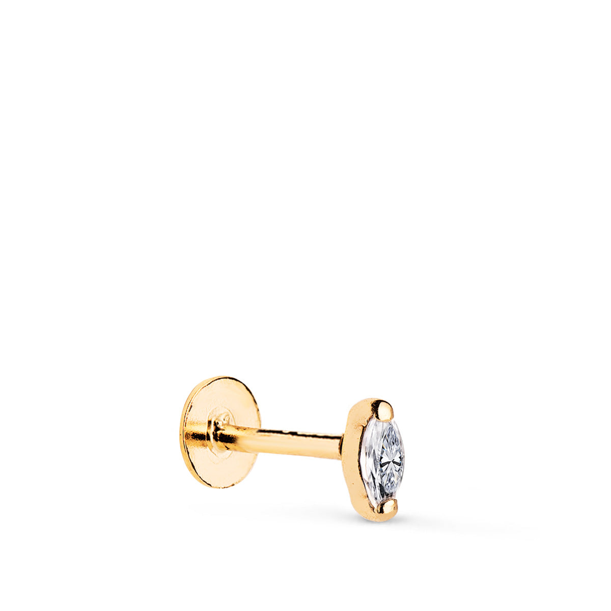 18K Piercing Oreille Or Jaune avec Zircon 4X2 Mm. Fermoir à Vis