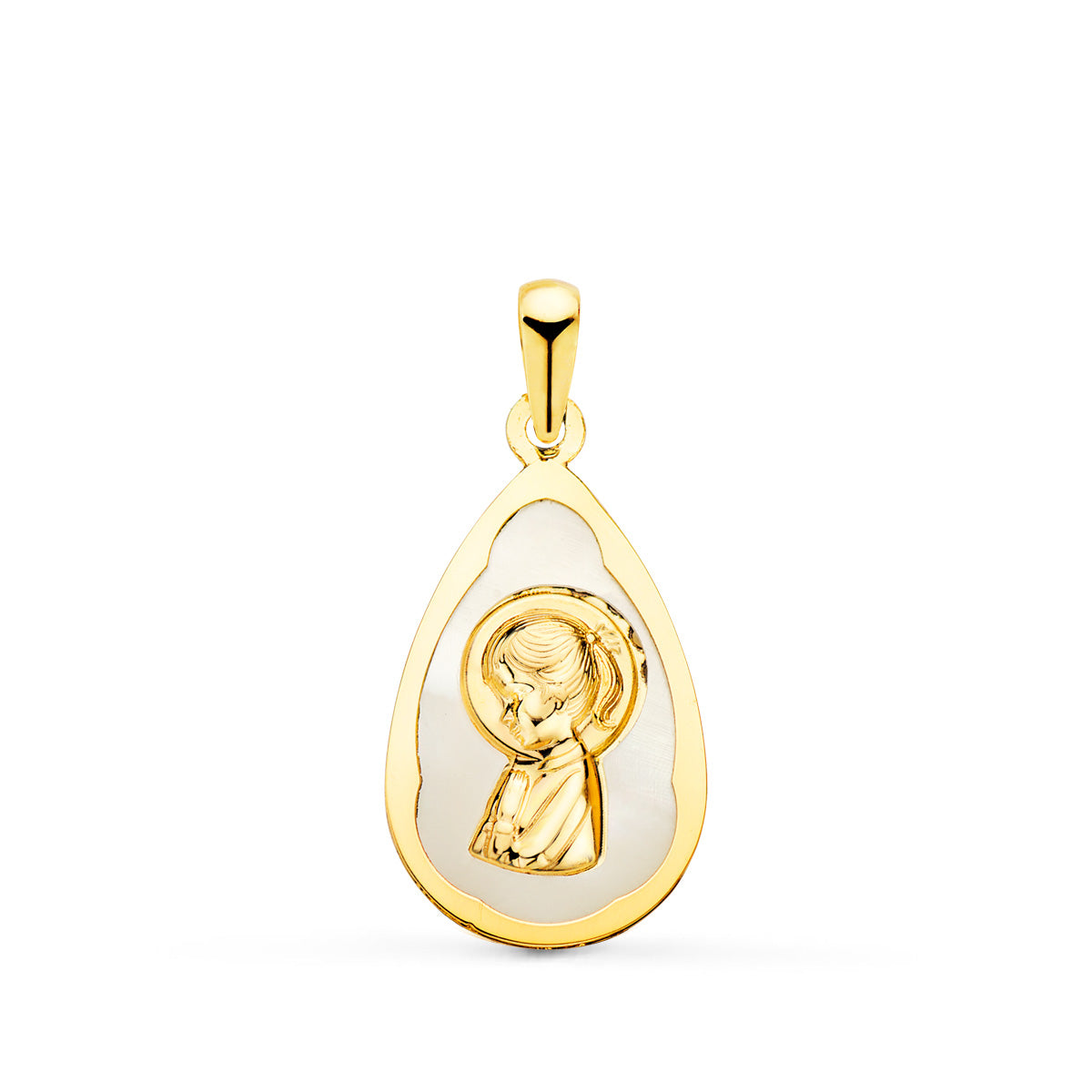 18K gult gullmedalje dråpeform med perlemor-jomfrubarn 19 X 12 mm