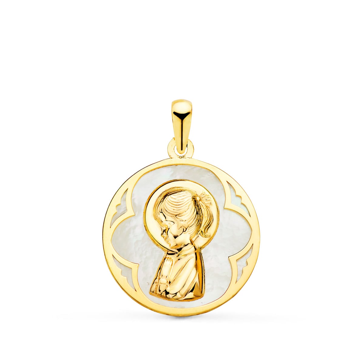 18K Médaille Or Jaune Ronde avec Nacre et Vierge Enfant 18 mm