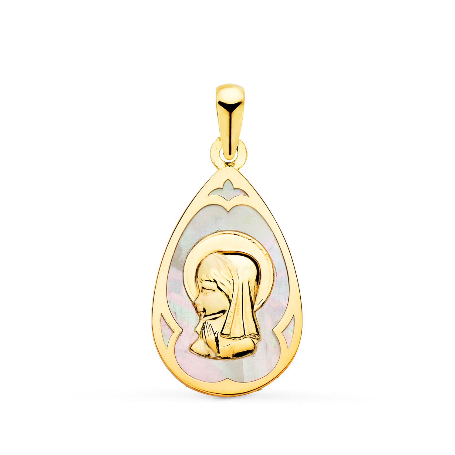 18K Médaille Or Jaune Goutte Nacre Vierge 21 X 14 mm