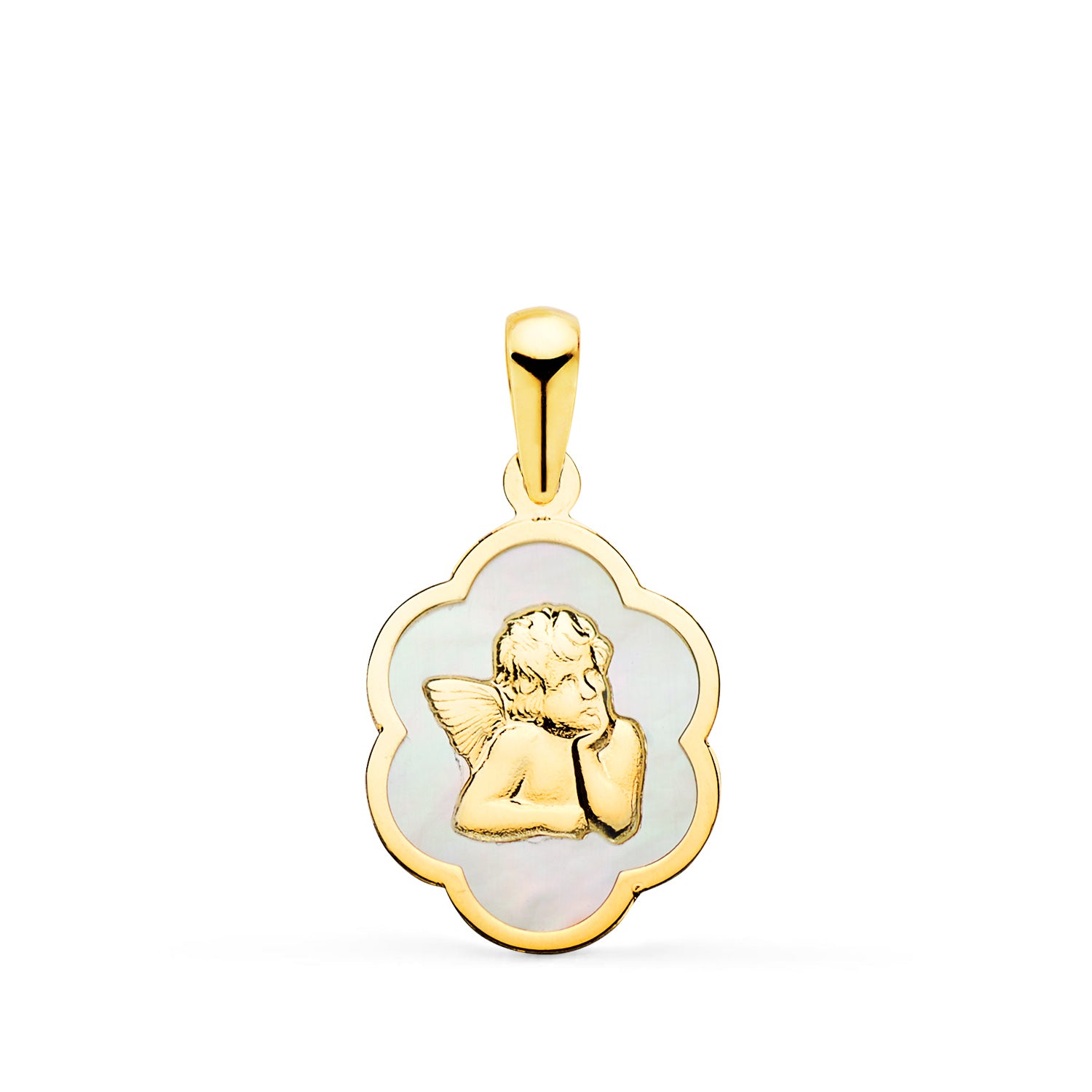 Pendentif Nuage en Or Jaune 18K avec Ange Burlon et Collier Blanc 15 X 12 mm