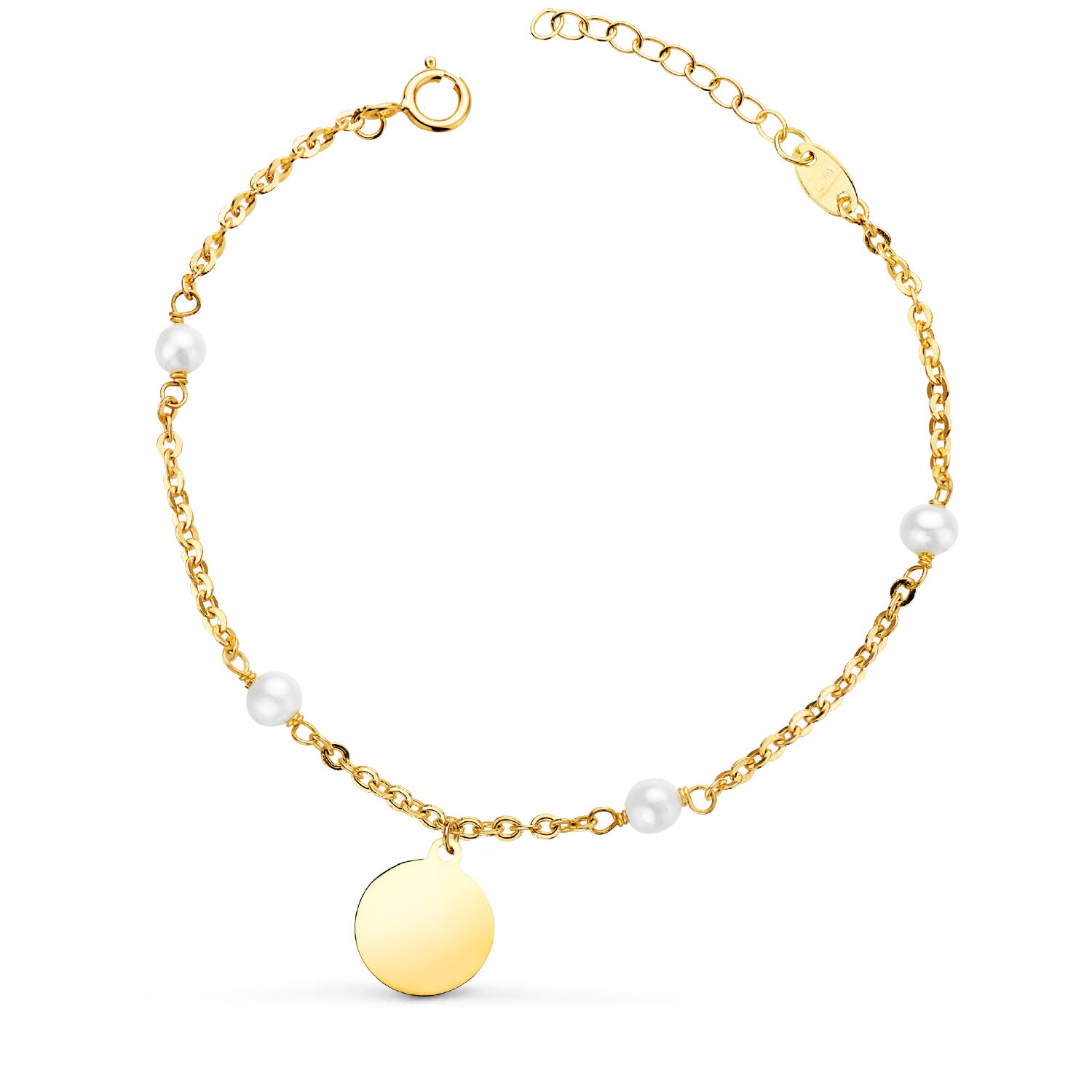 Pulseira em ouro amarelo 18K com contas de 3,5 mm e placa redonda de 10 mm. Comprimento 15 2 cm