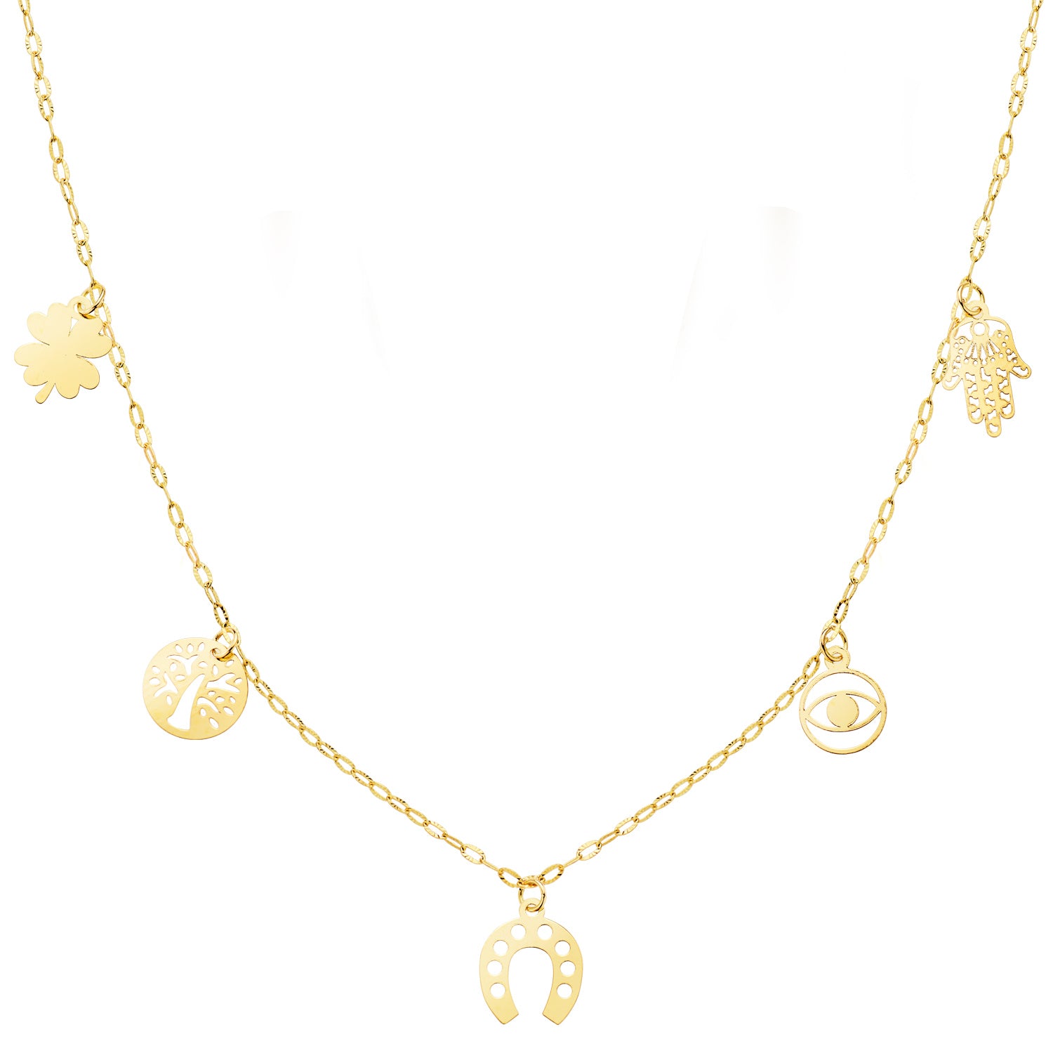 18K Collier en Or Jaune Pendentifs Porte Bonheur Chaîne Forçat 42 3 Cm