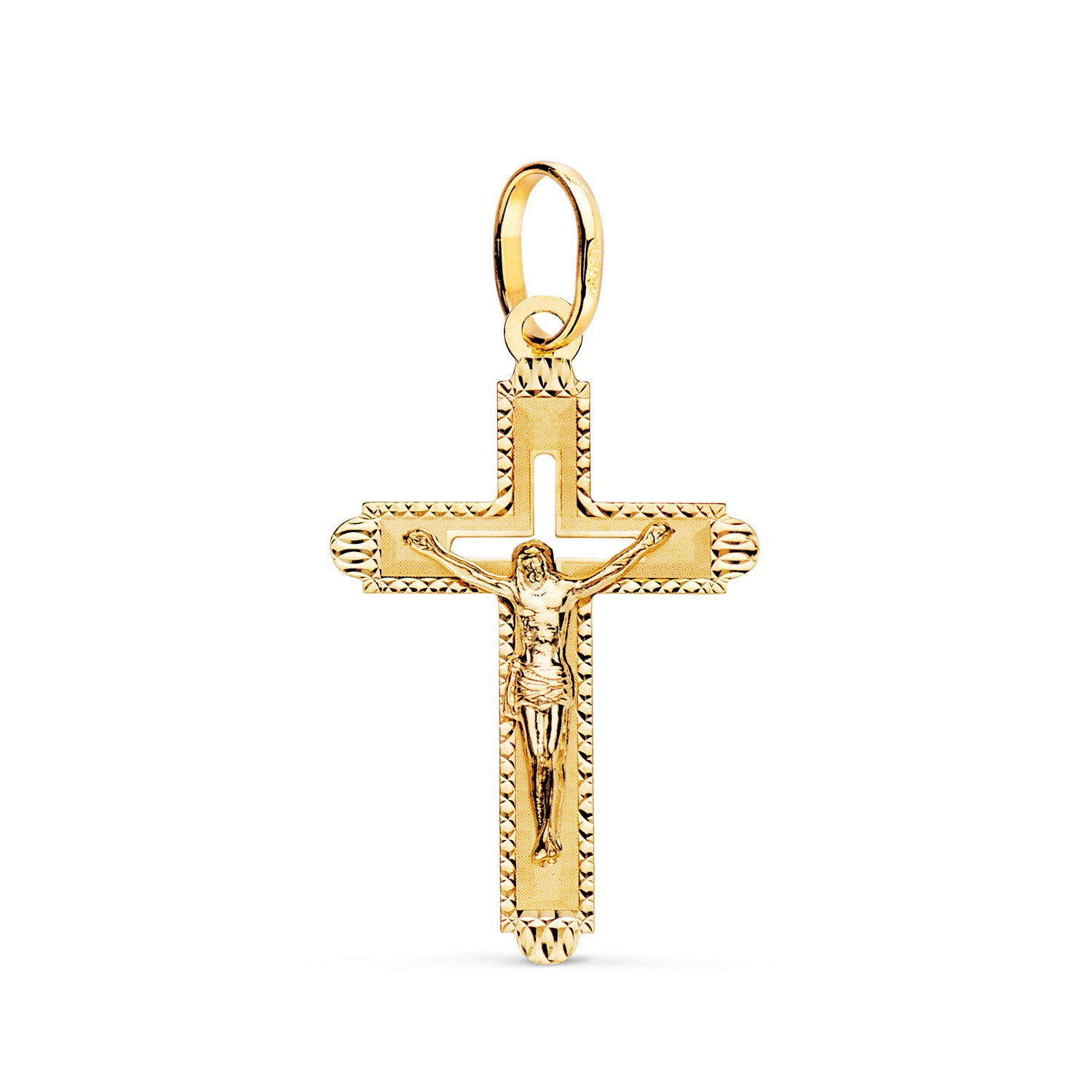 18K Croix Or Jaune Christ Facettée 27 X 17 mm