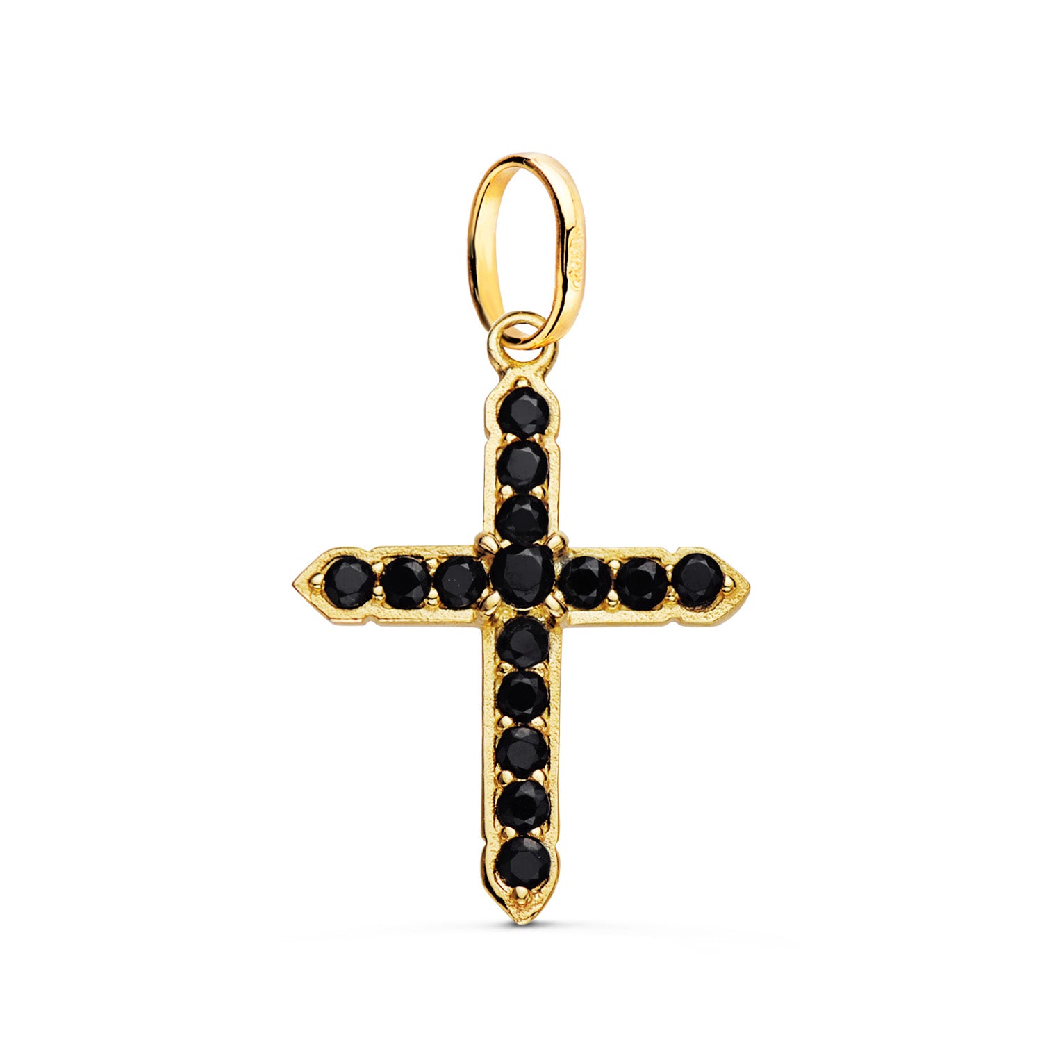 18K Croix en Or Jaune avec 15 Zircons Noires Sertis à Griffes. 24X18 mm