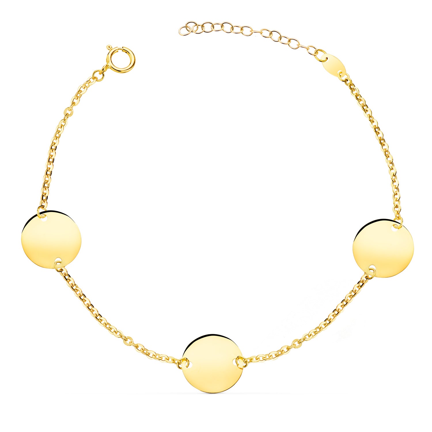 Bracelet Or Jaune 18K 3 Disques Ronds Brillants de 12 mm Longueur : 18 3 Cm