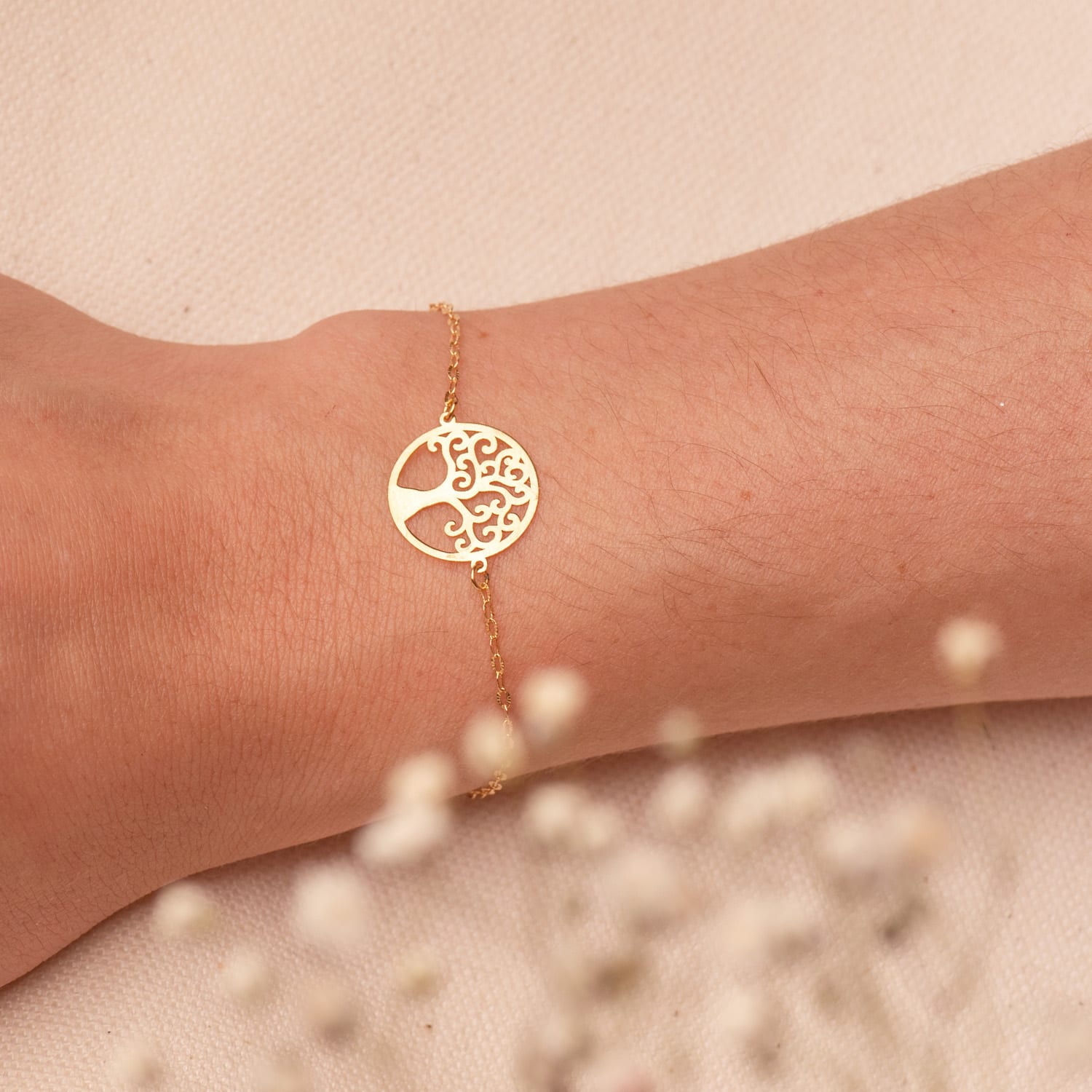 Bracelet Or Jaune 18K Arbre de Vie 14MM Chaîne Diamantéelongueur : 17,3 Cm