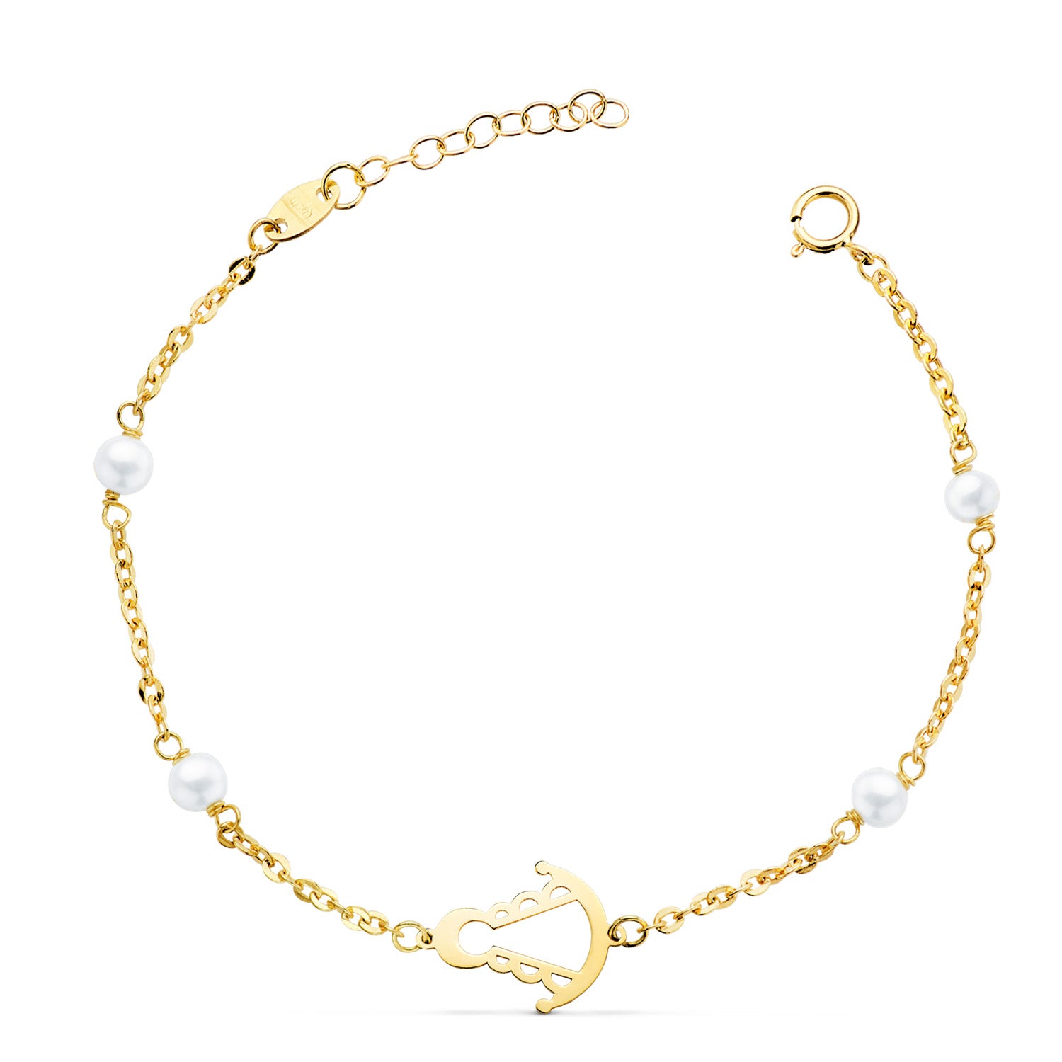 Bracelet Or Jaune 18K Silhouette Rosée Vierge 14X11 mm avec Perles Longueur : 17.5 Cm