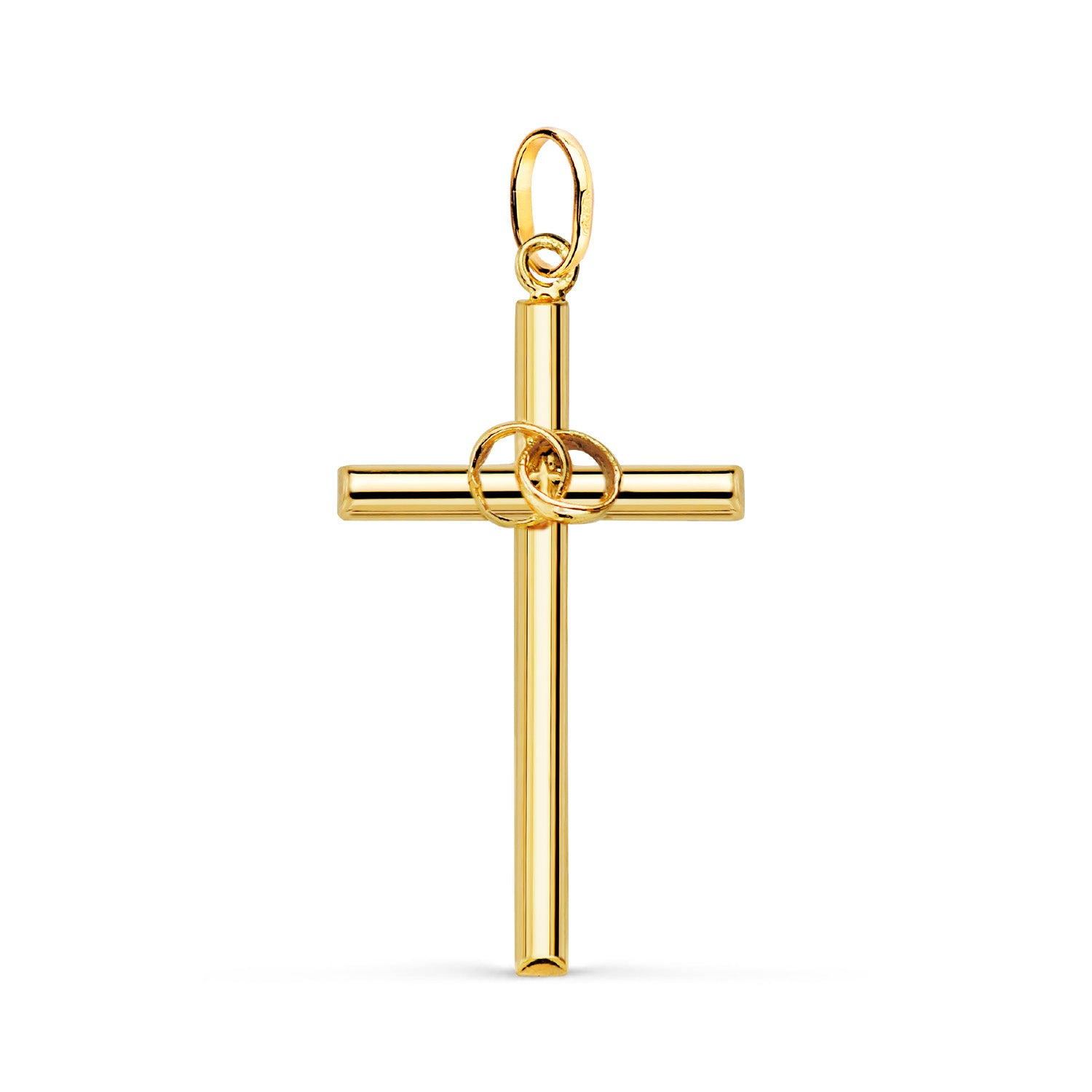 Croix Creuse en Or Jaune 18K avec Anneaux de Mariage Taille : 27,5 X 14,5 mm Épaisseur : 2 mm