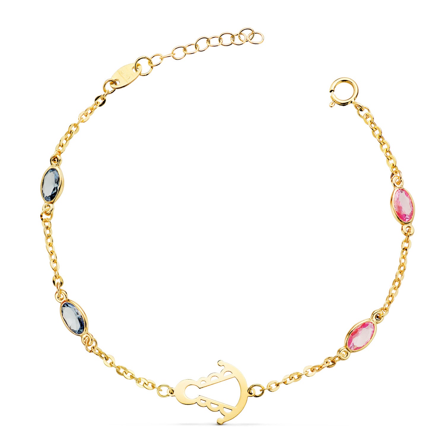 Bracelet Silhouette Rosée Vierge en Or Jaune 18K 14X11 mm avec Zircon Rose et Bleue Longueur : 15,3 Cm