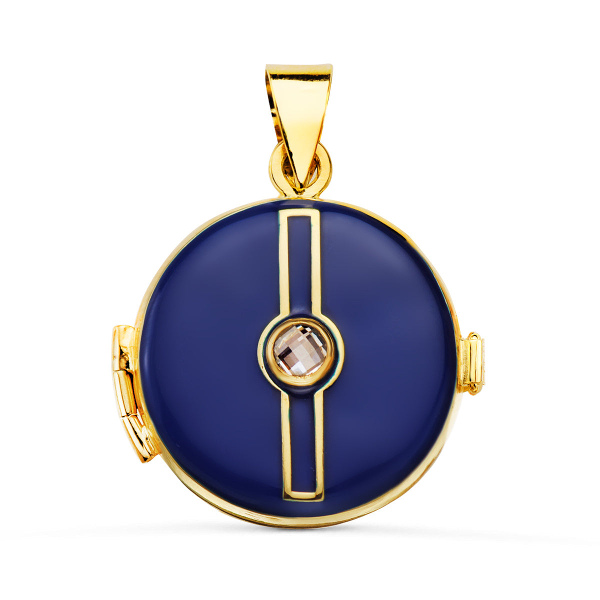 Pendentif Porte Photo Rond Or Jaune 18K Pendentif Émail Bleu Zircone 4MM Mesure: 21 mm