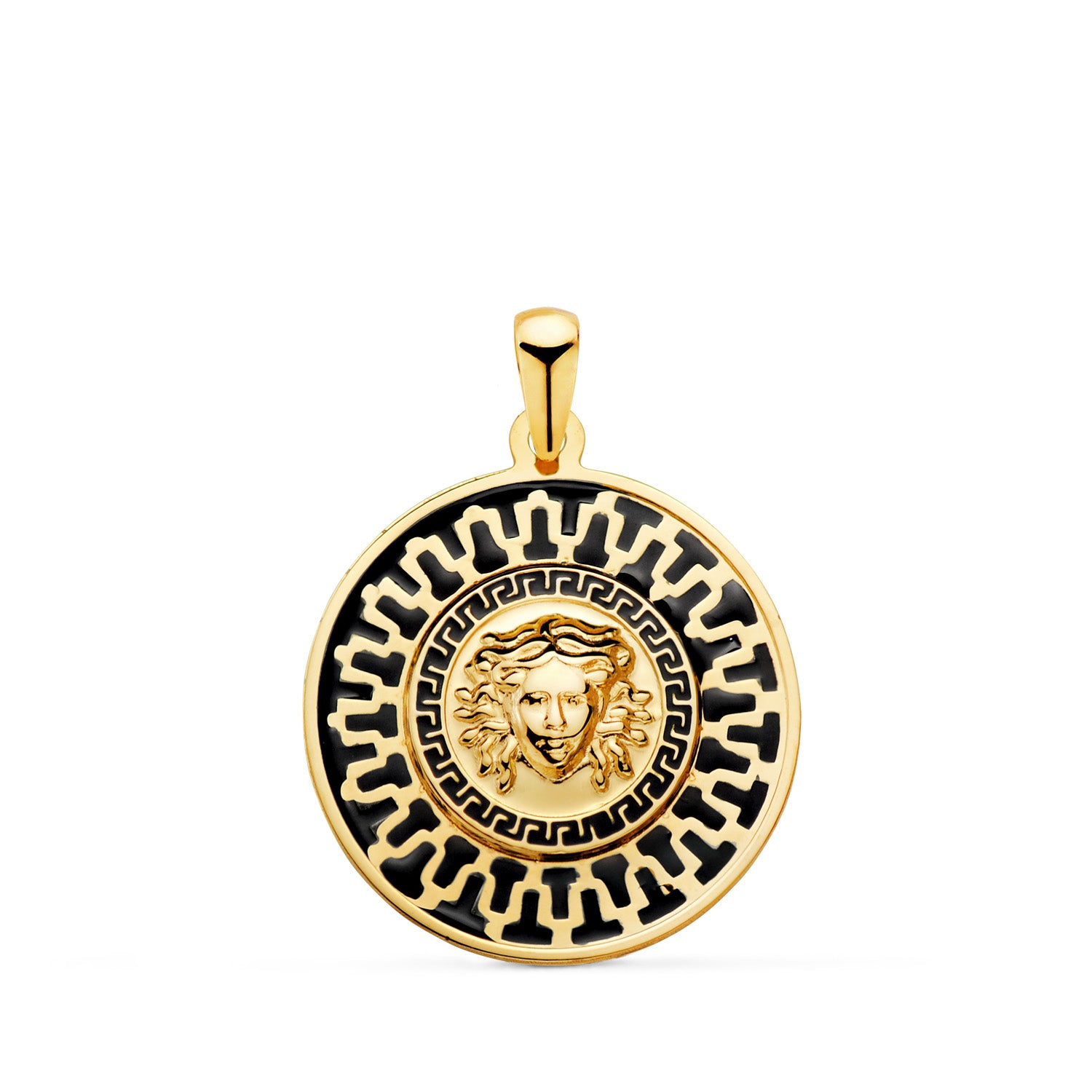 Médaille Medusa Greca et Motif en Or Jaune 18K avec Émail Noir 20 mm