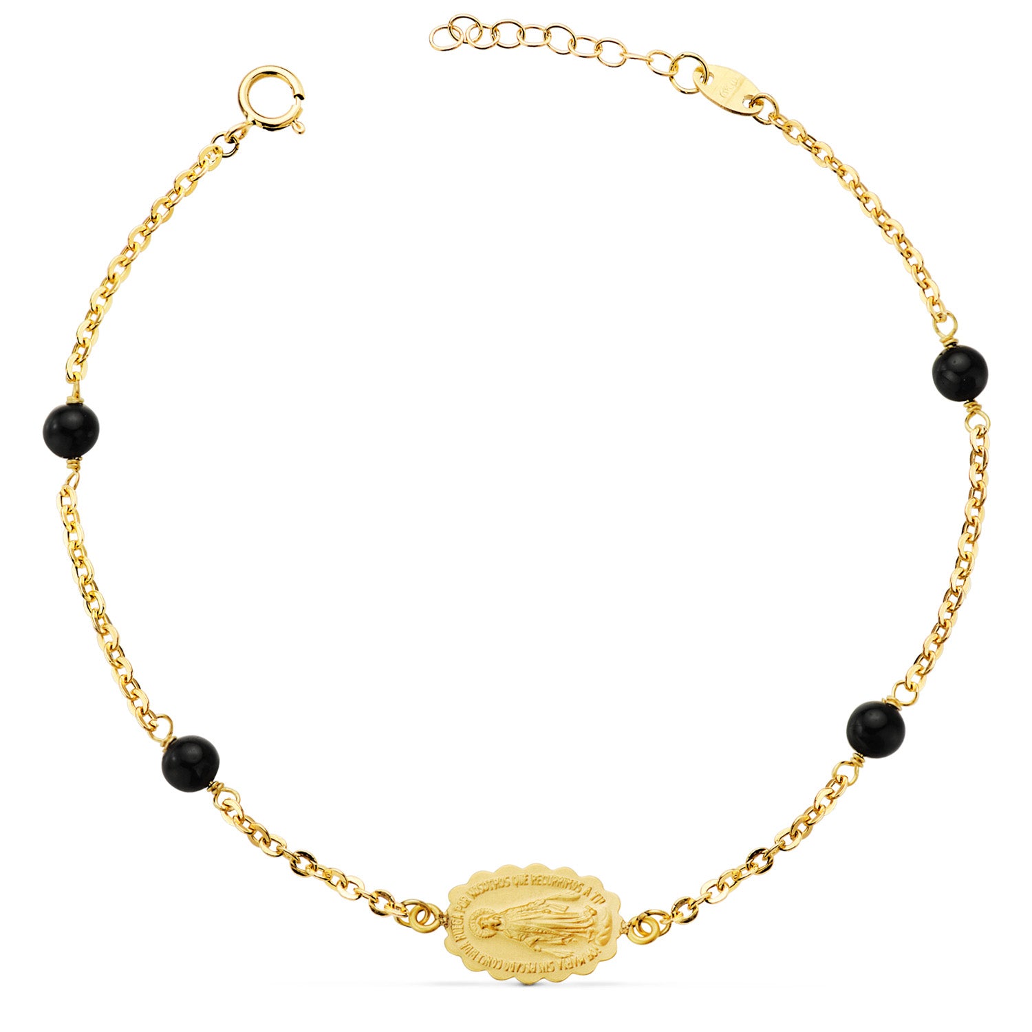 Bracelet Or Jaune 18K Vierge Miraculeux 13X9 mm Boules Noires Longueur : 17,3 Cm