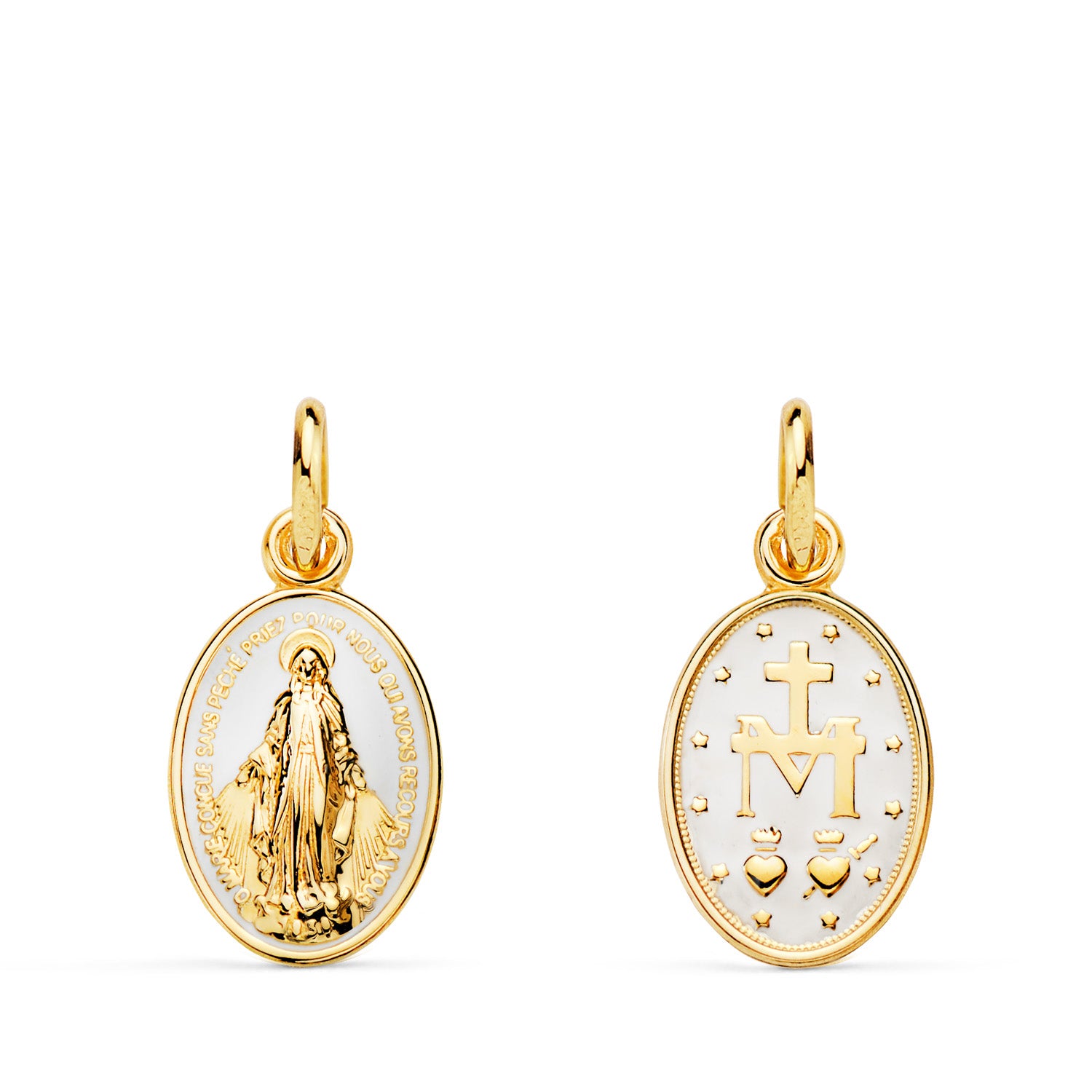 Médaille Or Jaune 18K Miraculous Vierge Ovale Émail Blanc Mesure: 16 X 10 mm