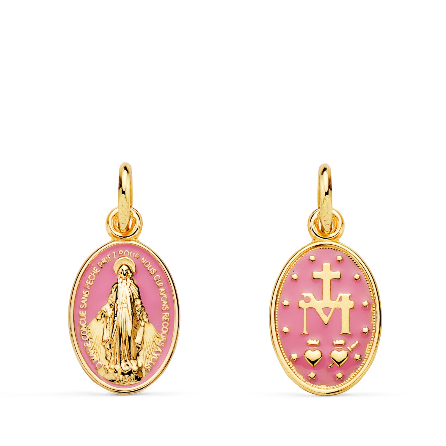 18 Ayar Sarı Altın Mucizevi Bakire Oval Pembe Mineli Madalya Ölçü: 16 x 10 mm