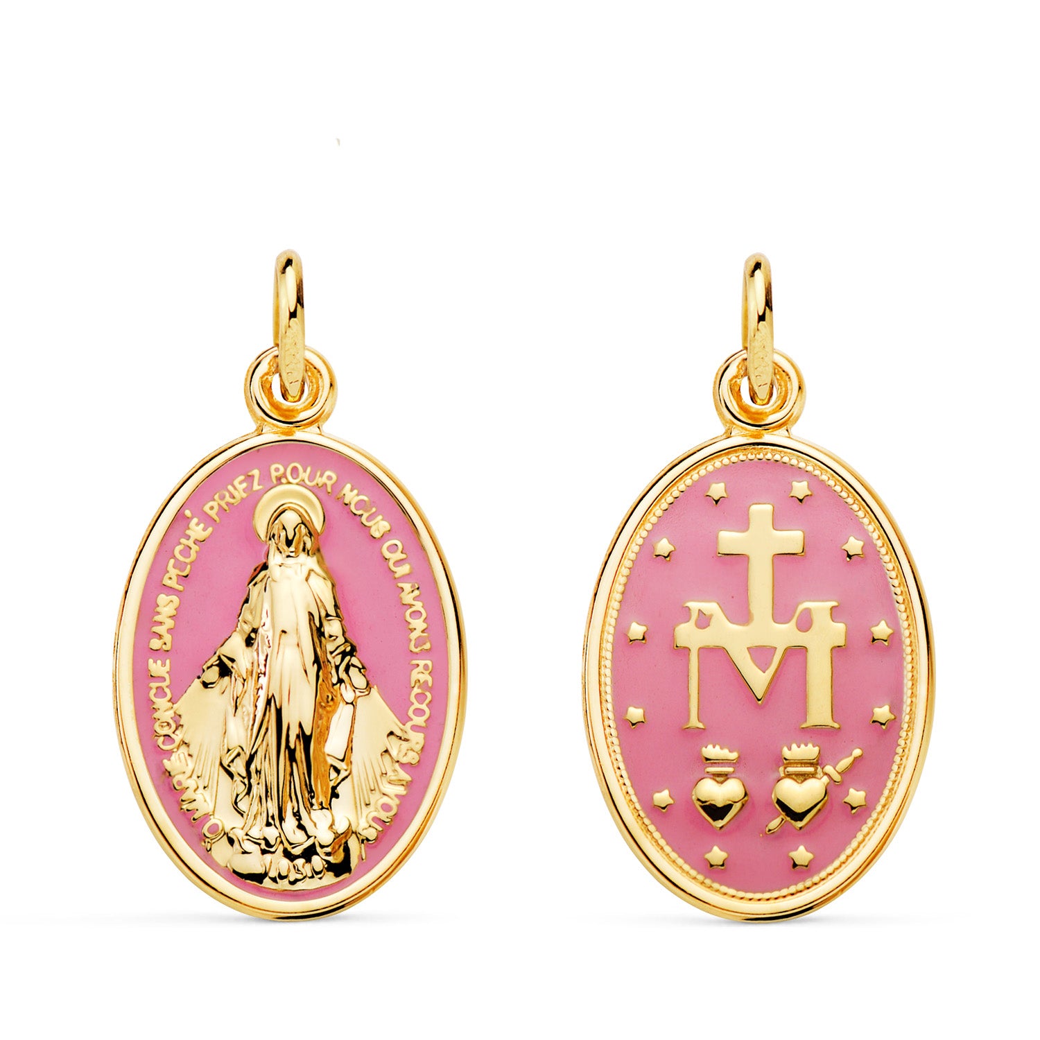 Médaille Or Jaune 18K Miraculous Vierge Ovale Émail Rose Mesure: 20 X 14 mm