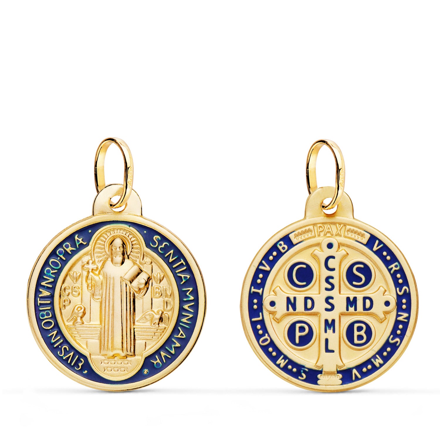 Scapulaire en Or Jaune 18K Saint Bénédictin Moine avec Matage en Émail Bleu Largeur : 20 mm