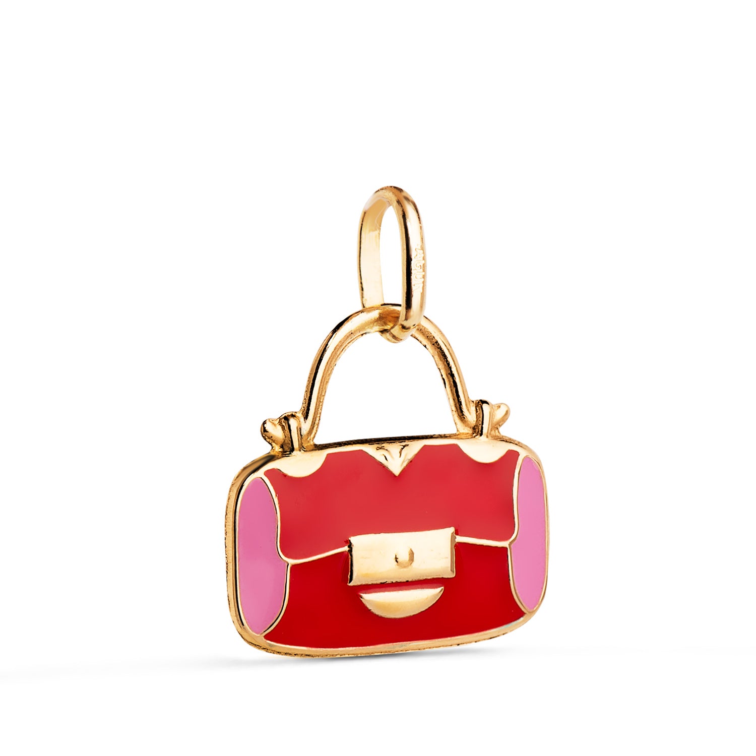 Pendentif de Sac en Or Jaune 18K avec Émail Rose et Rouge Mesure: 14 X 13 mm