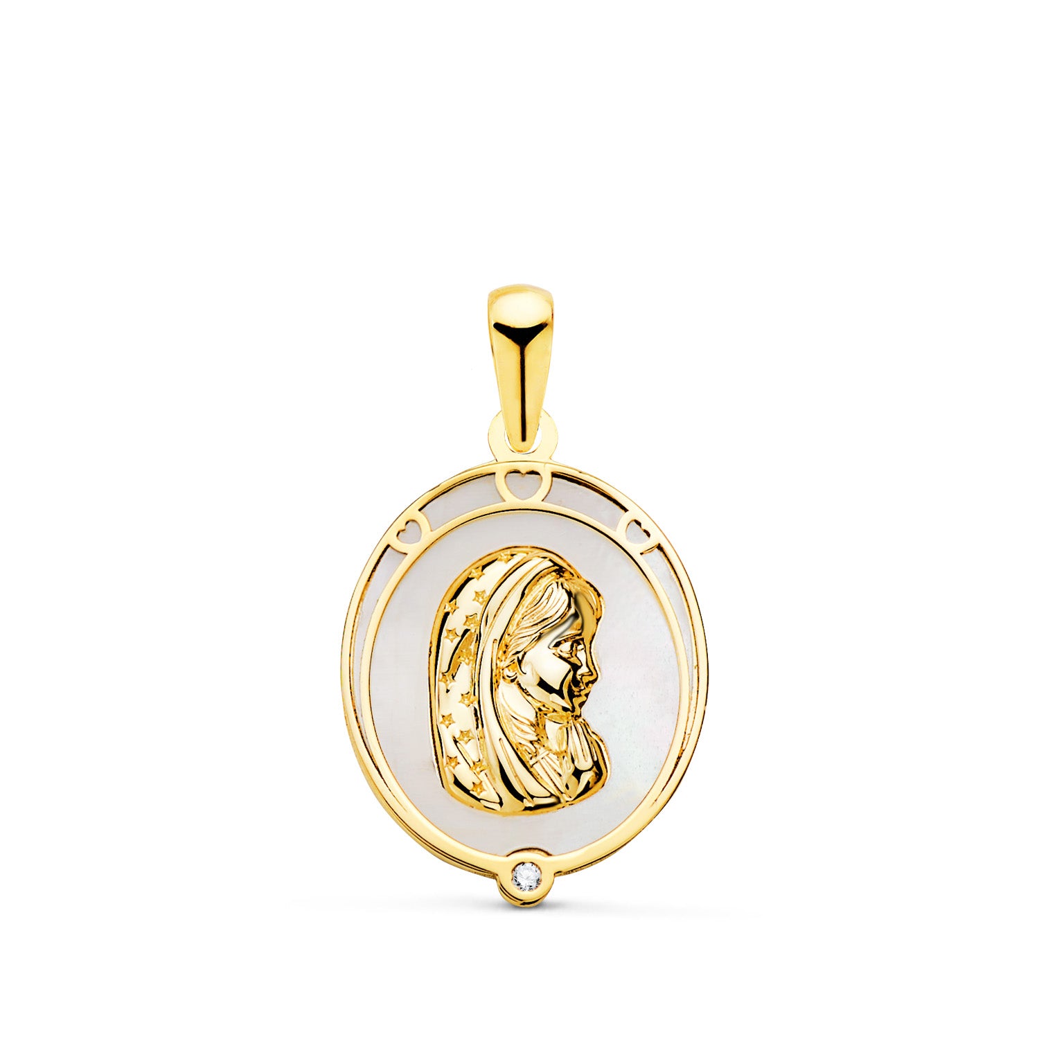 Medalla Niña Oro Amarillo 18K Ovalada con Nácar Blanco y Circonita Medida: 17X13 mm