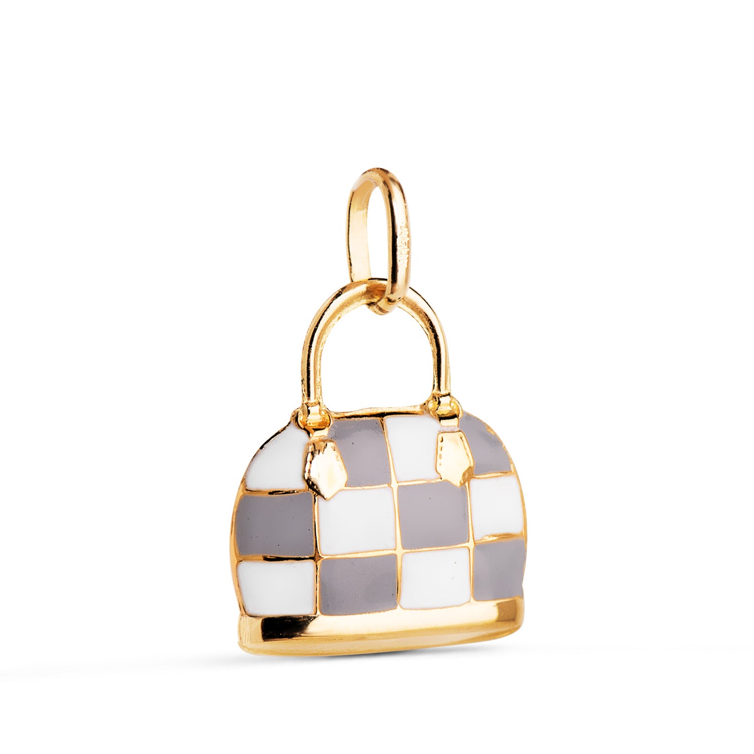Pendentif Sac en Or Jaune 18K avec Émail Gris et Blanc Taille : 15 X 12,5 mm