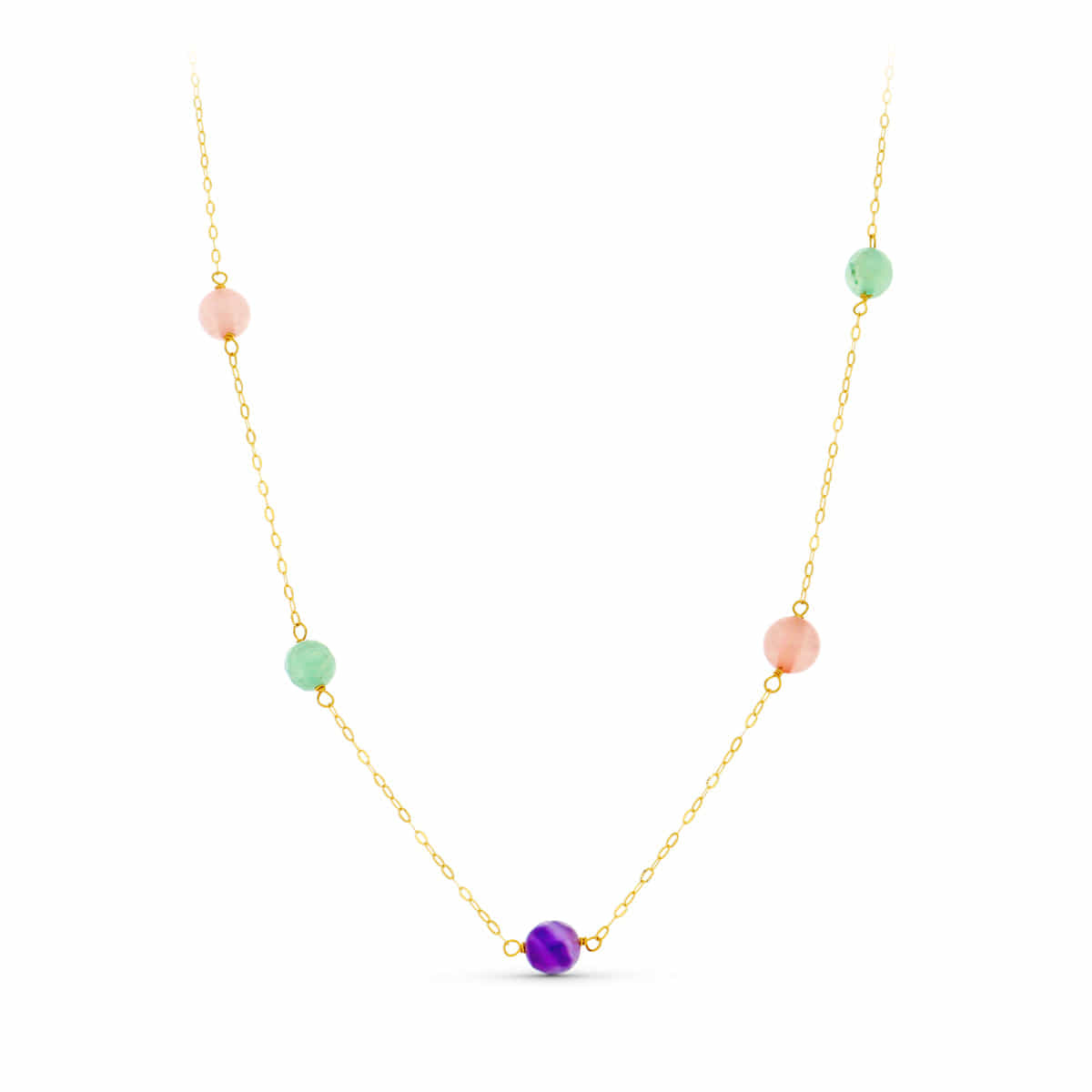 Collier en Or Jaune 18K 5 Perles de Quartz Colorées de 6 mm de Long : 42-3 Cm