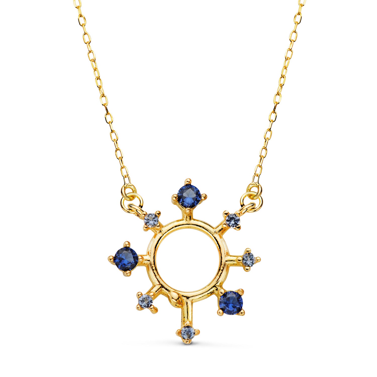 Ciondolo in Oro Giallo 18K e Zircone Blu 17X16 mm Catena Forzata: 40-2 Cm