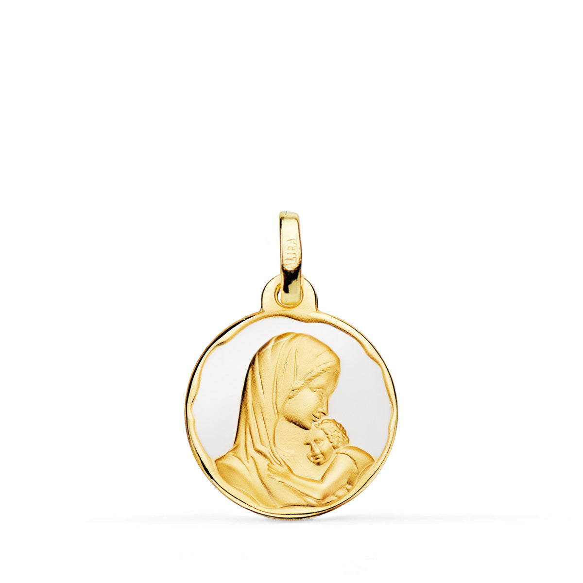 Médaille en Or Jaune 18K Vierge Mère Amour Maternel Émail Blanc 16 mm