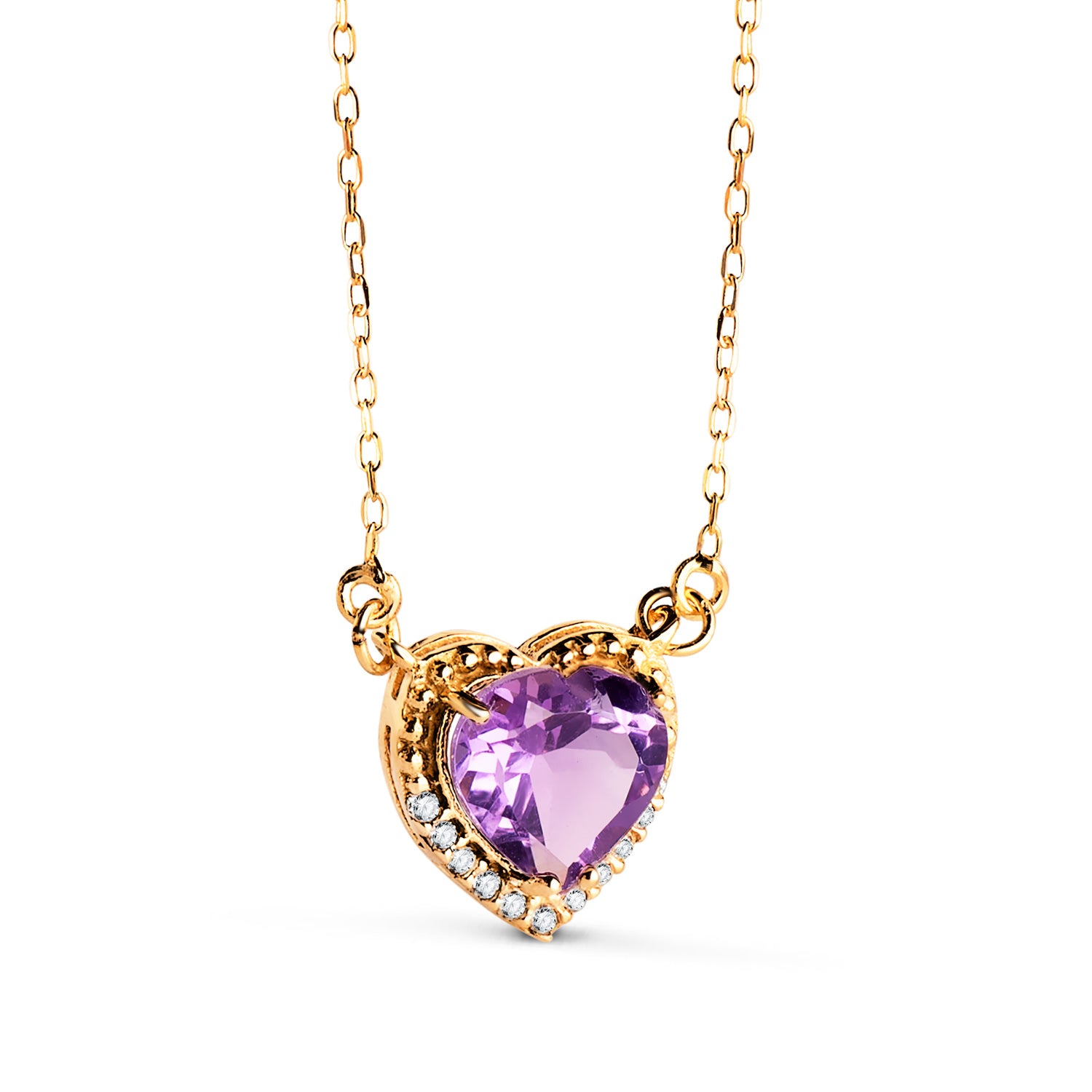 Collier Ras de Cou en Or Jaune 18K avec C?ur en Améthyste Chaîne en Zircone 7MM 40-2CM