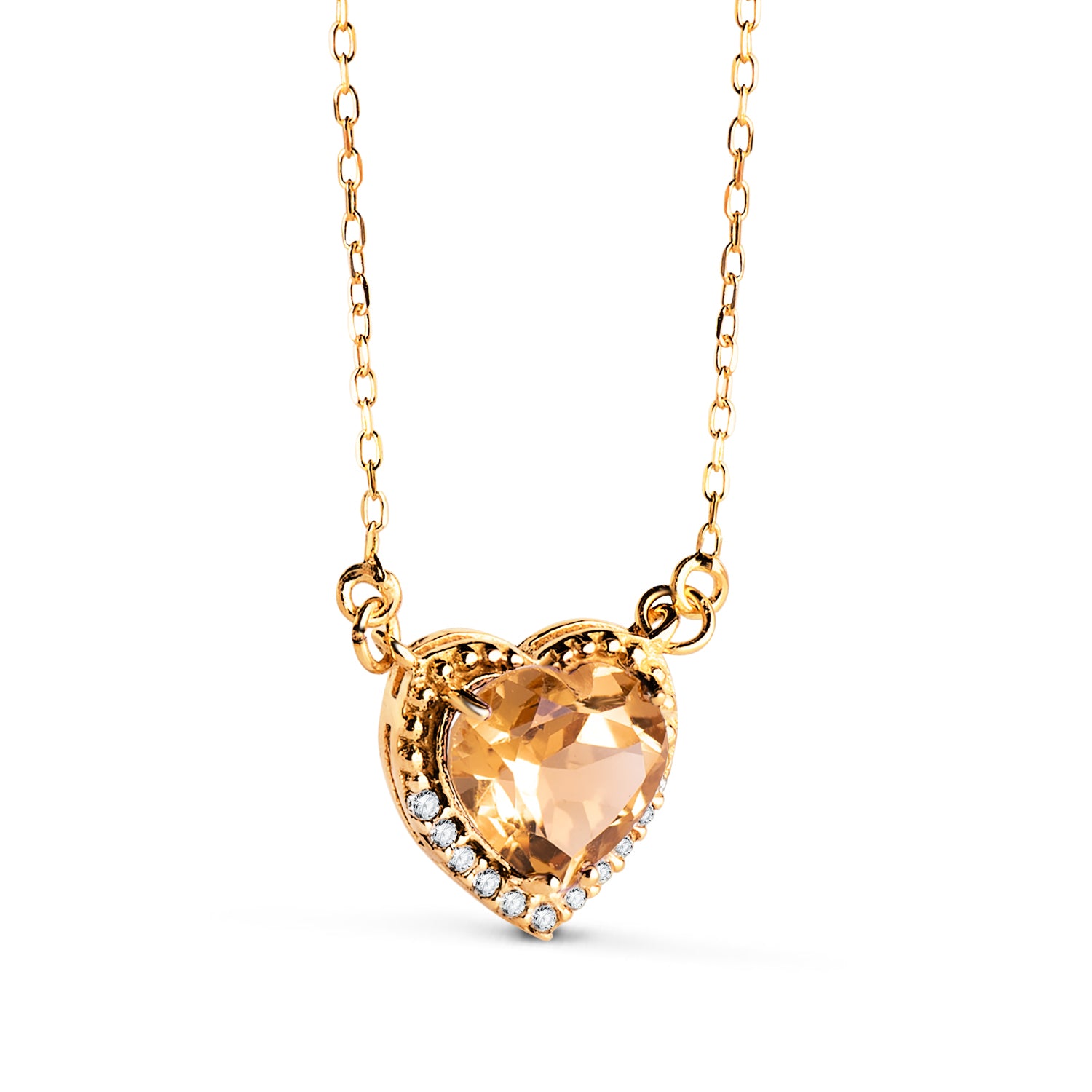Collier Or Jaune 18K Coeur Citrine 7MM Citrine Zirconia Chaîne 40-2CM