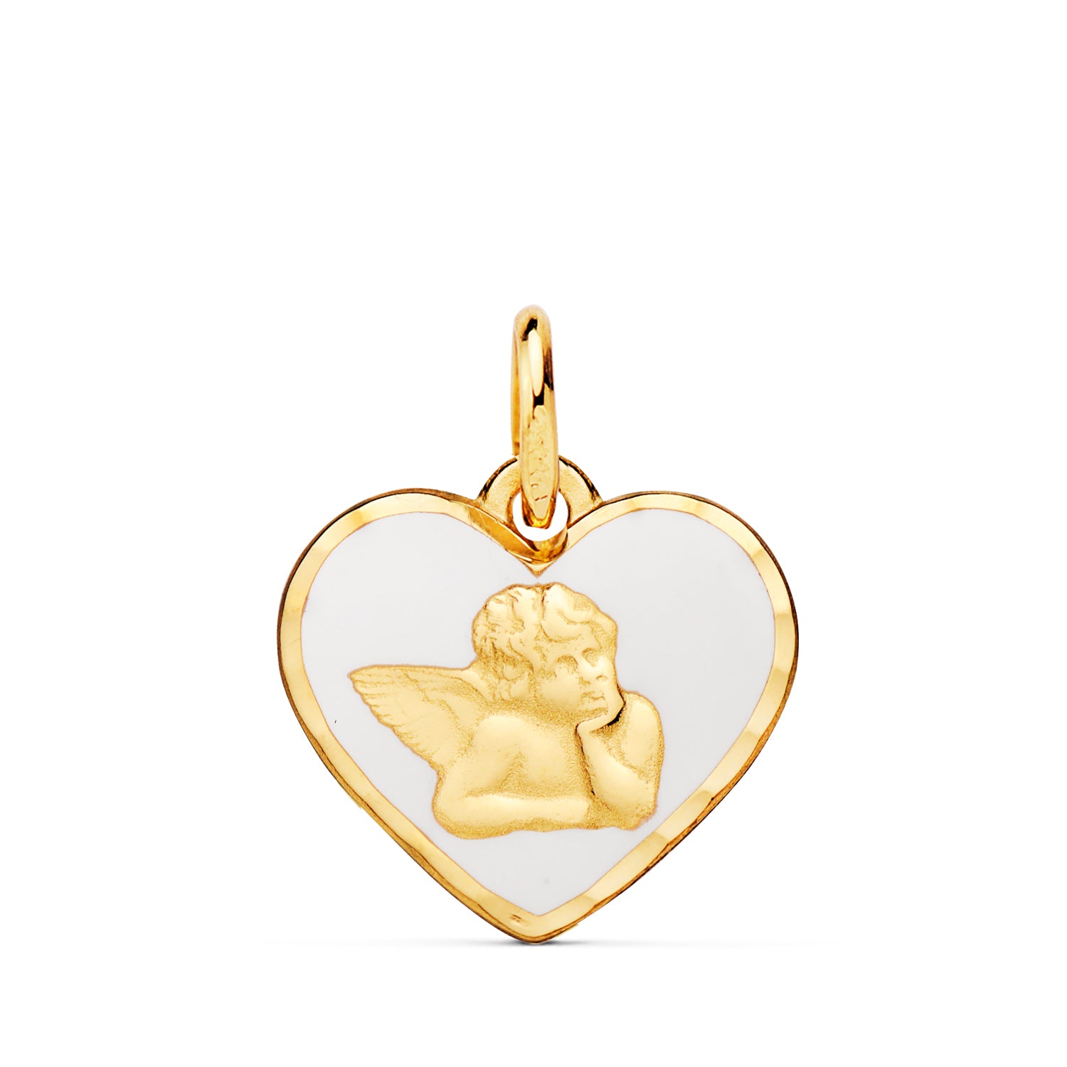 Médaille en Or Jaune 18K avec C?ur Dange Moqueur en Émail Blanc 14 mm
