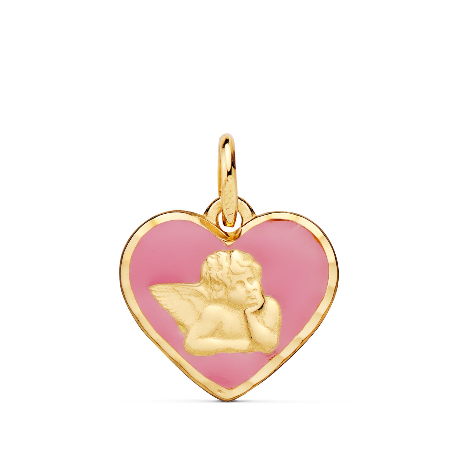 Médaille Or Jaune 18K Coeur Ange Moqueur Émail Rose 14 mm