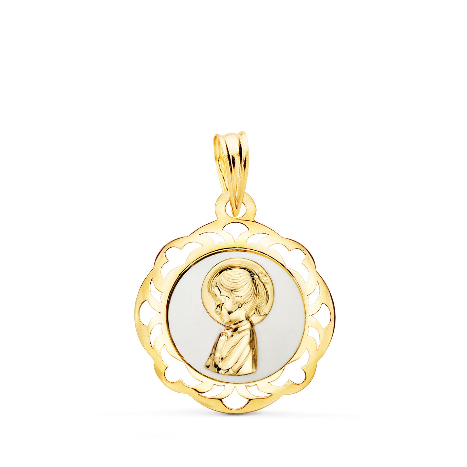 Médaille en Or Jaune 18K Vierge avec Émail Blanc et Bordure Ajourée Brillante 20X18 mm