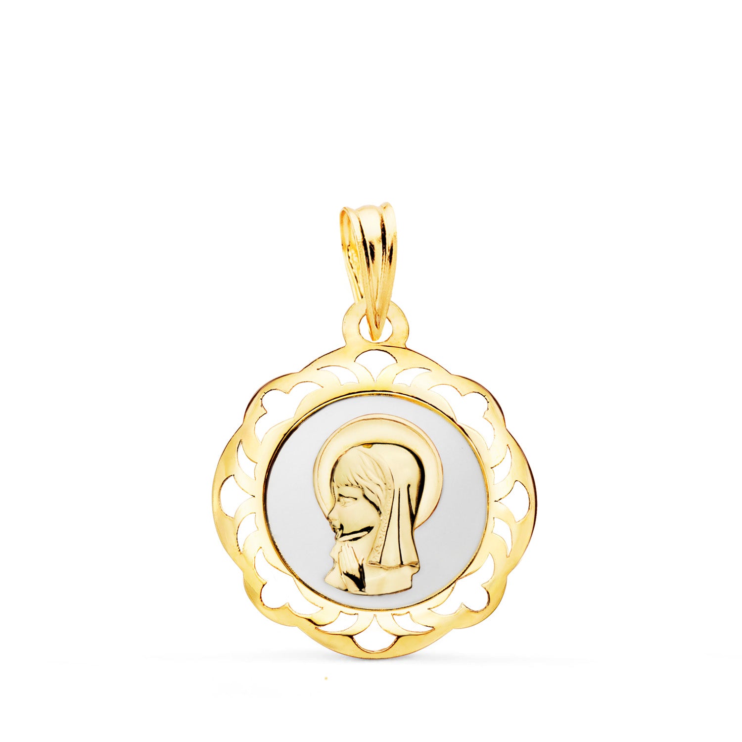 Médaille en Or Jaune 18K Vierge avec Émail Blanc et Bordure Ajourée Brillante 20X18 mm