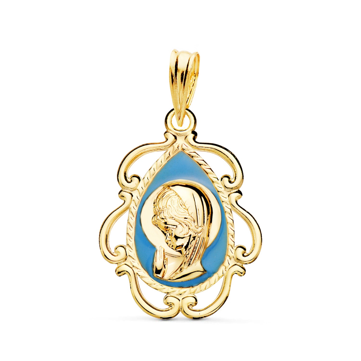 Médaille en Or Jaune 18K Vierge avec Émail Bleu et Bordure Ajourée Brillante 22X16 mm