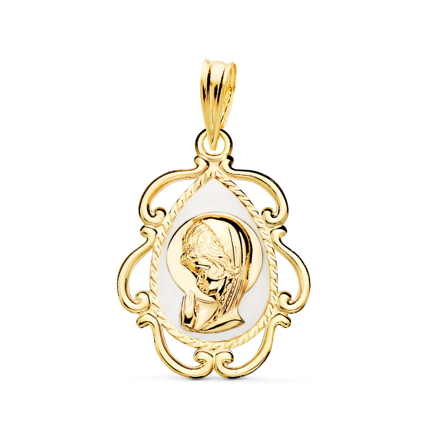 Médaille en Or Jaune 18K Vierge avec Émail Blanc et Bordure Ajourée Brillante 22X16 mm