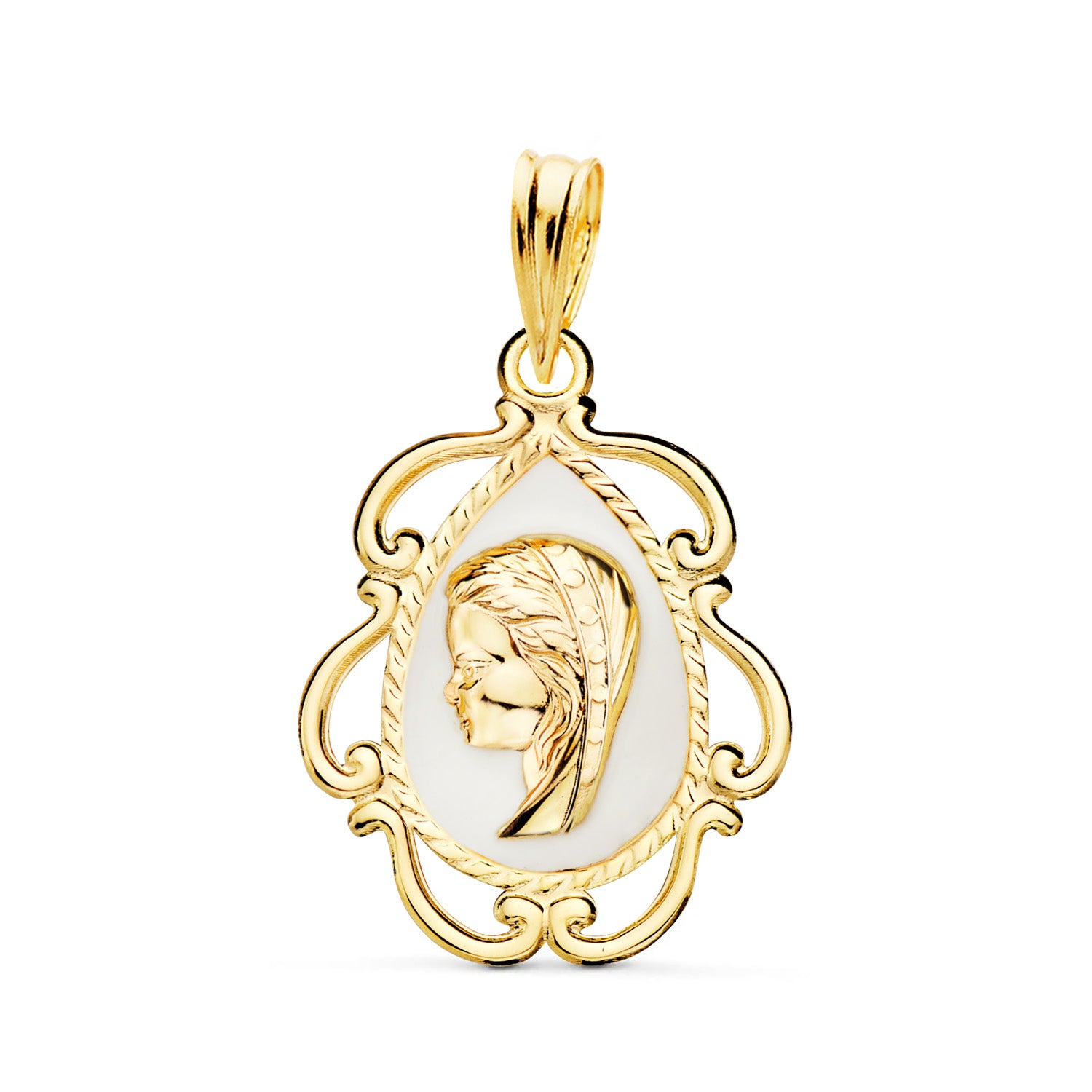 Médaille en Or Jaune 18K Vierge avec Émail Blanc et Bordure Ajourée Brillante 22X16 mm