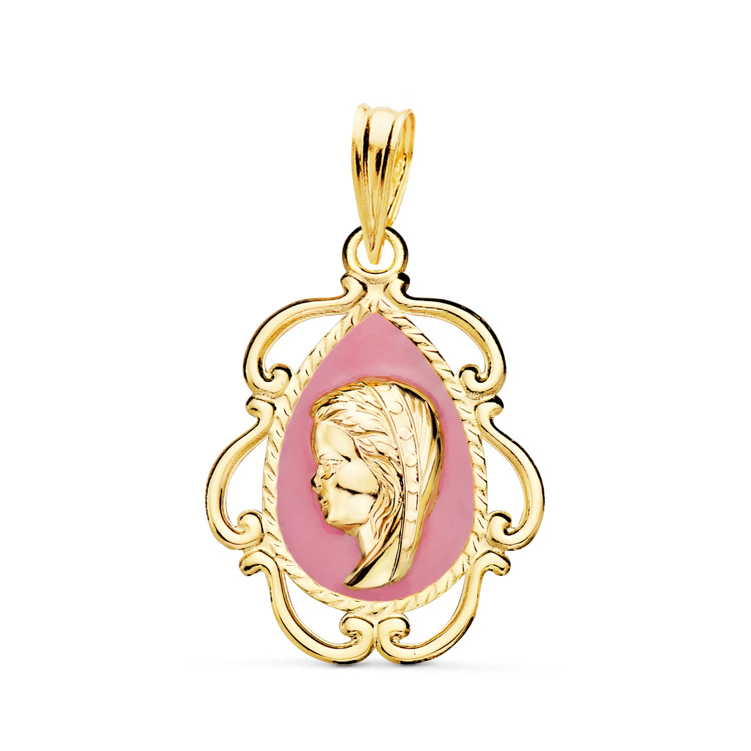 Médaille de la Vierge en Or Jaune 18K avec Émail Rose et Bordure Ajourée Brillante 22X16 mm