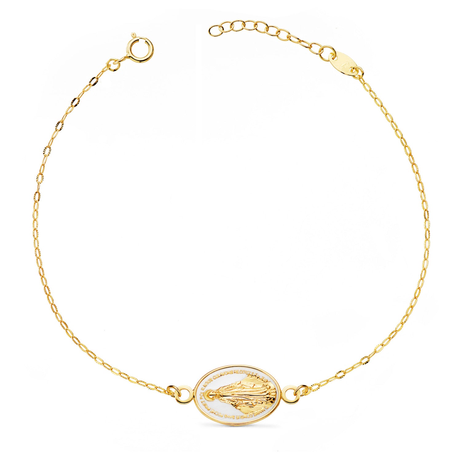 Bracelet en Or Jaune 18K Vierge Miraculeuse Émail Blanc 13X10 mm Chaîne Sculptée : Longueur : 17-3 Cm