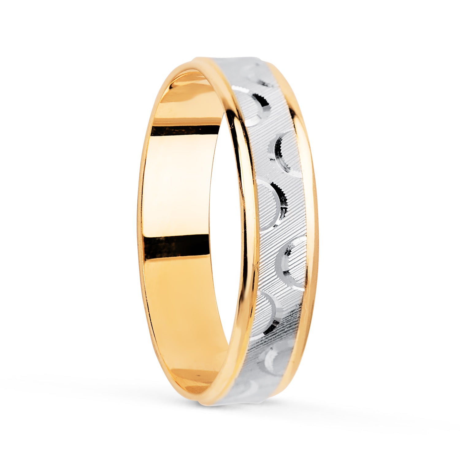 Obrączka ślubna z 18-karatowego dwukolorowego złota z diamentami i błyszczącymi krawędziami. Szerokość: 4 mm