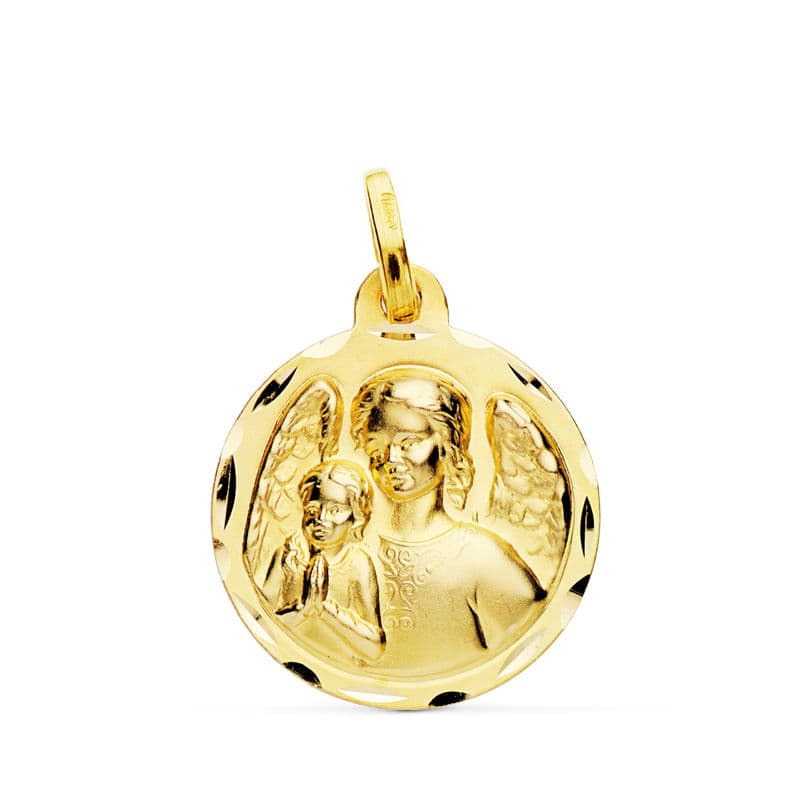 Médaille Ange Gardien en Or Jaune 18K avec Enfant Sculpté 18 mm