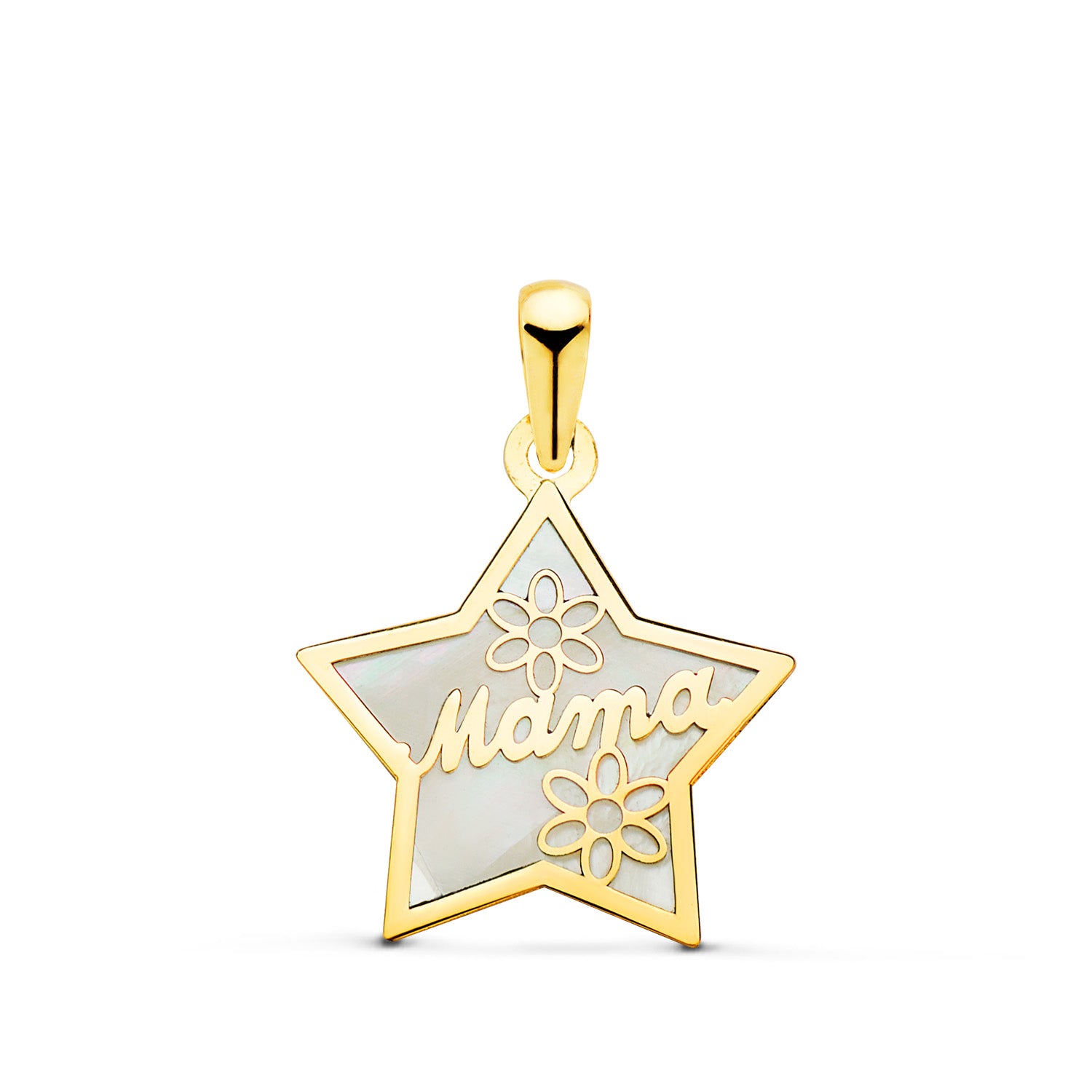 Pendentif Nacar Or Jaune 18K Étoile et Sein avec Fleurs 16X15MM