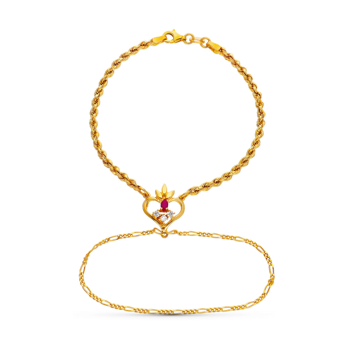 Pulsera de corazón de rubíes indios en oro amarillo de 18 k