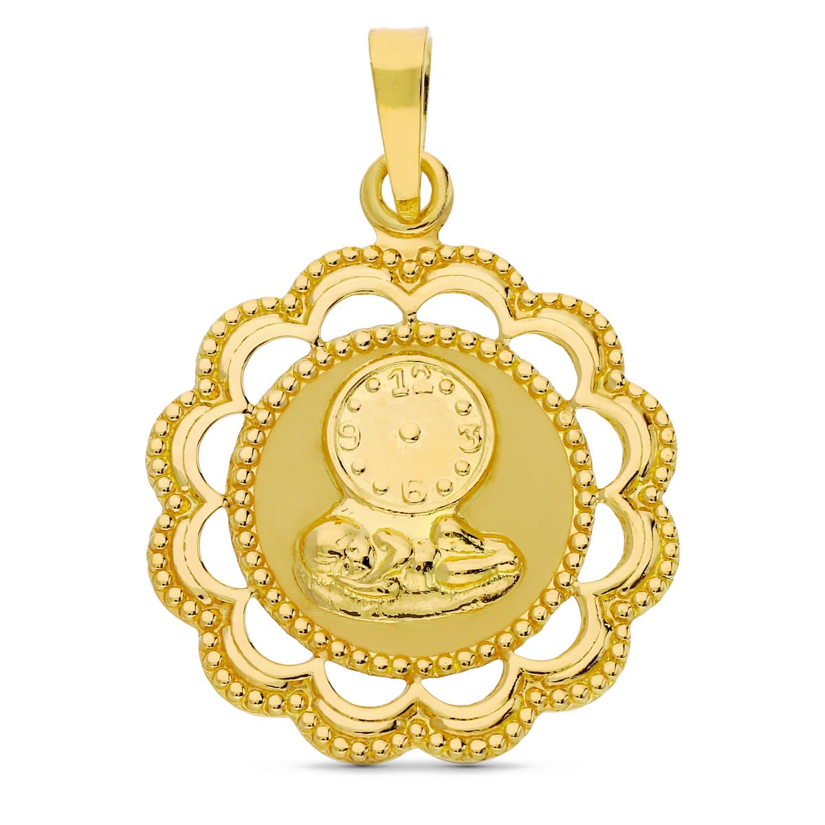 Medalha e Relógio Infantil em Ouro Amarelo 18K 26X22 mm