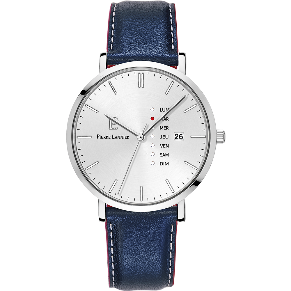 Pierre Lannier DATA herenhorloge zilveren kast blauwe leren band 242D126