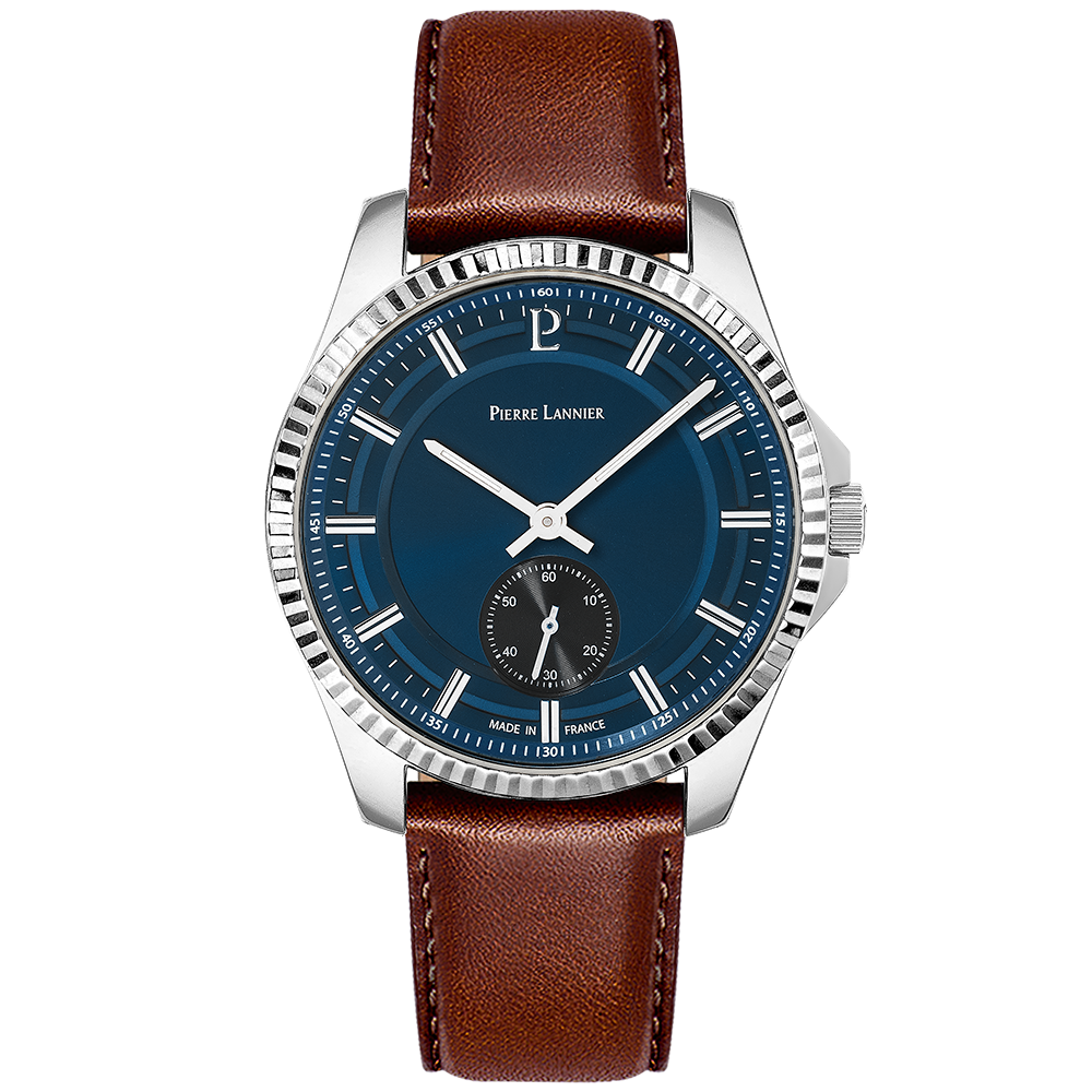 Relógio masculino Pierre Lannier METROPOLITAIN com caixa em aço e pulseira de couro marrom 246G164