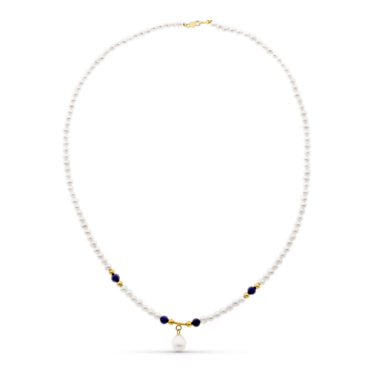 18K Collier Or Jaune Perle Coquille Naturelle et Lapis-lazuli