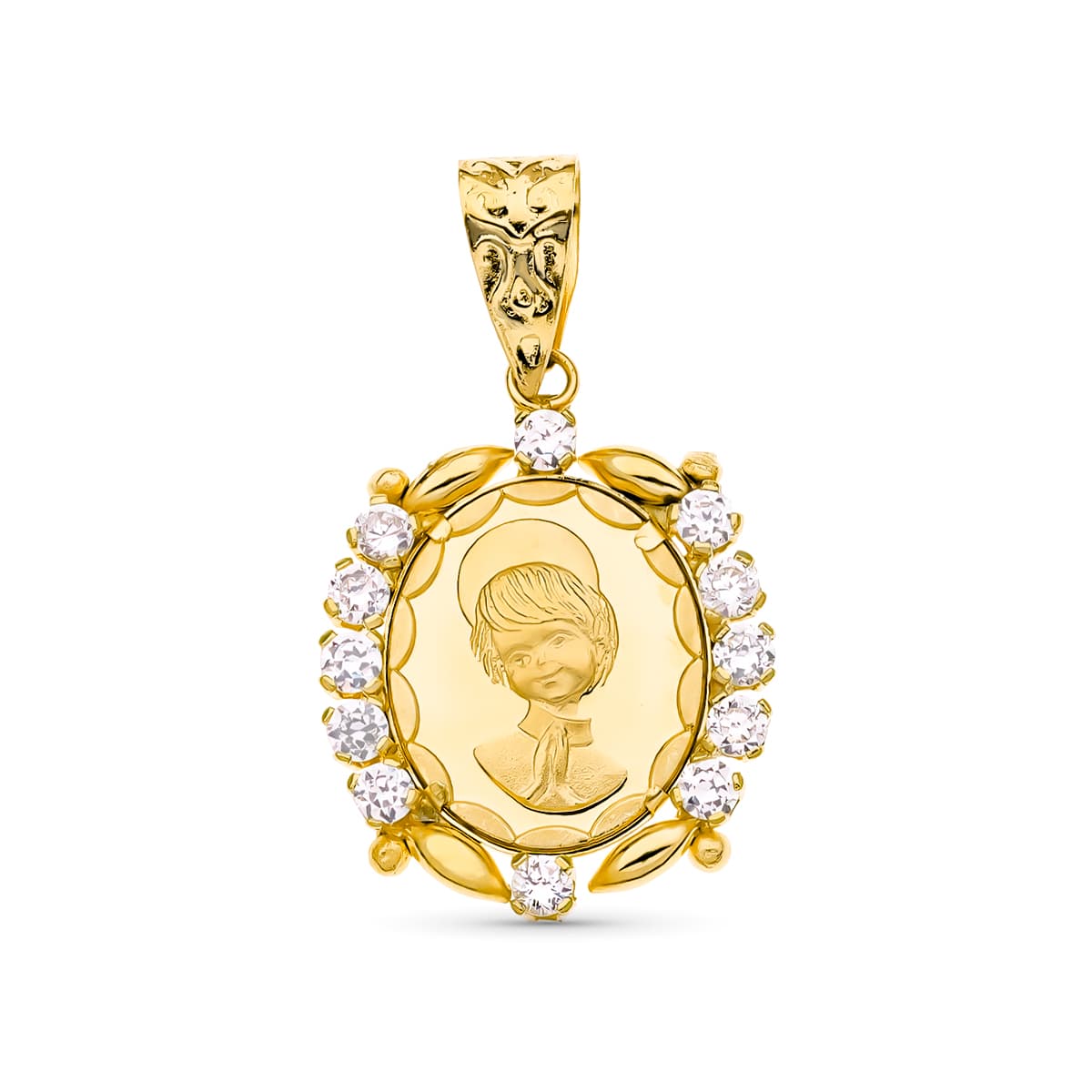 Medalla Comunión Oro Amarillo 18K Circonitas 19X15 mm