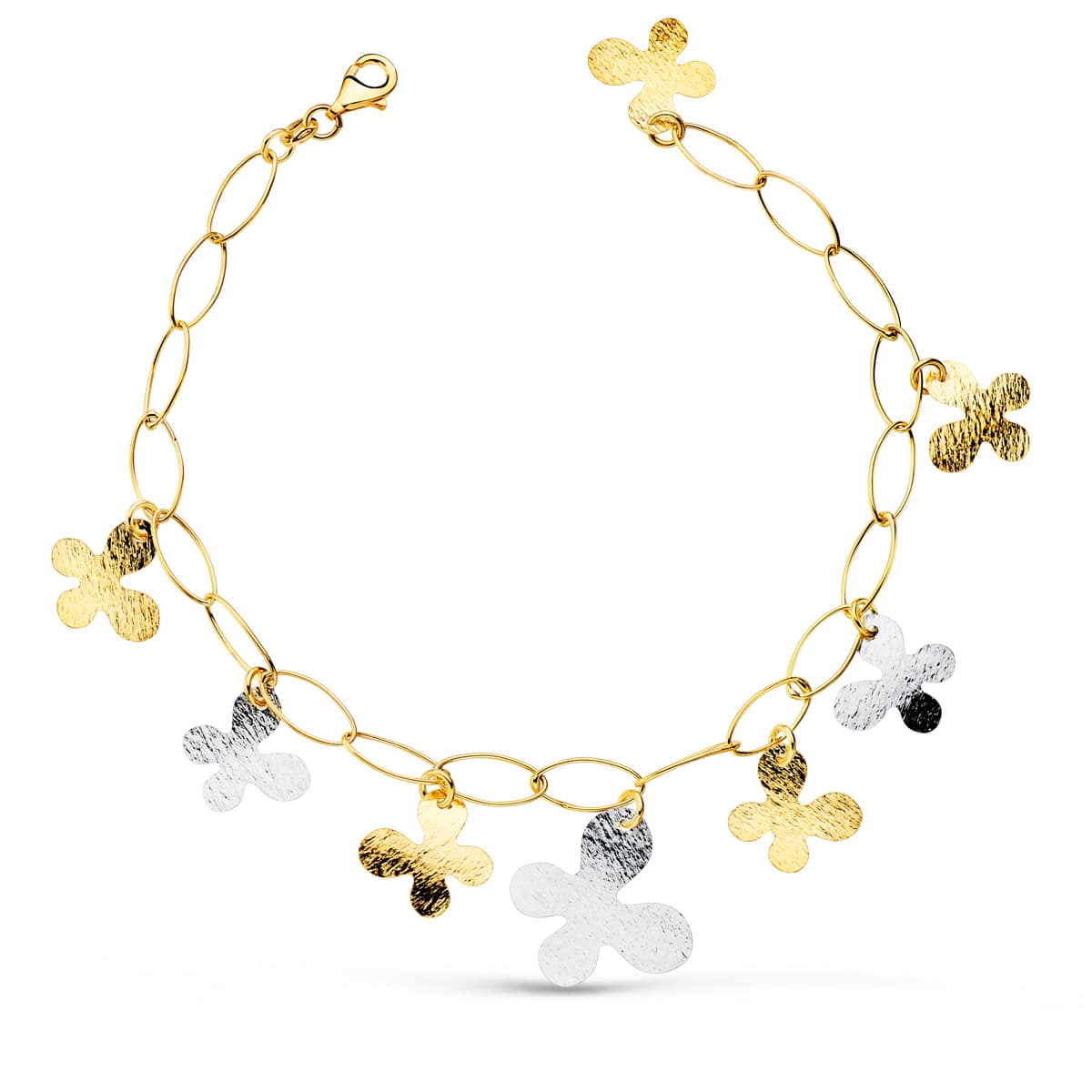 18K Bracelet Creuse et Papillons en 2 Ors. Largeur 5 mm Longueur 21 Cm.