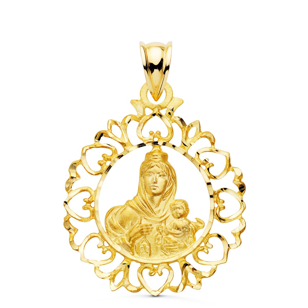 Medalha de Ouro Amarelo 18K Virgem de Carmen Borda com Corações 30X25 mm